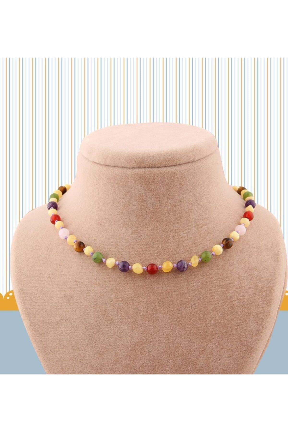 SERTİKALI  Orjinal ( Taşlar) Doğaltaş Bebek Kolye - Kehribar,yeşim,kaplan Gözü,ametist,pembe Kuvars