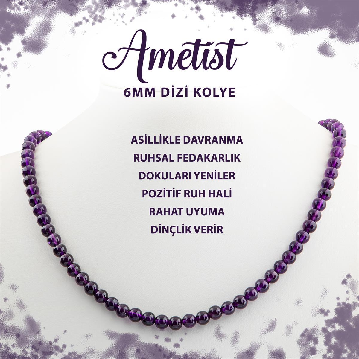SERTİFİKALI Ametist 6 mm Dizi Doğal Taş Kolye