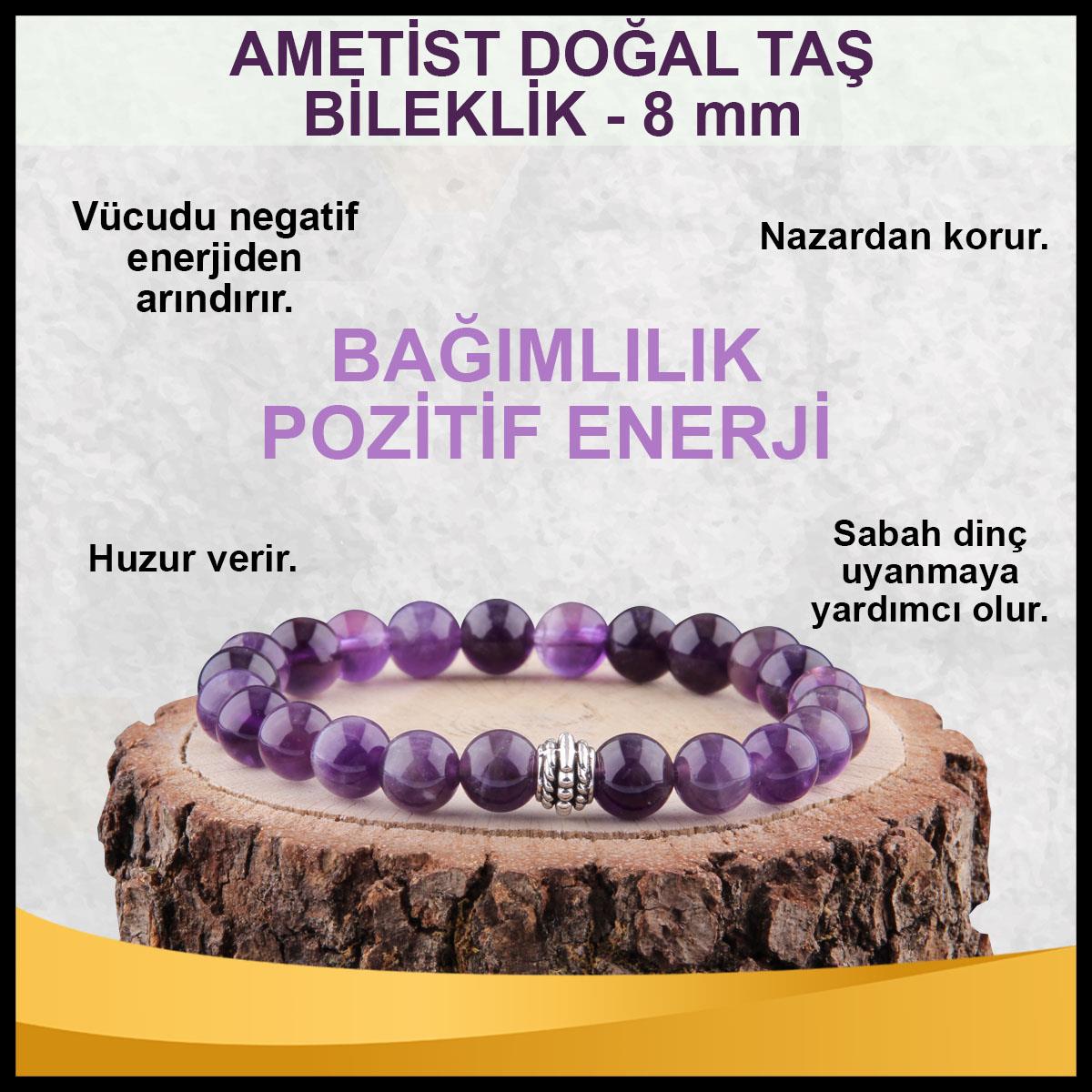 SERTİFİKALI Ametist  Orjinal ( Taşlar) Doğaltaş Bileklik 8 mm - B596