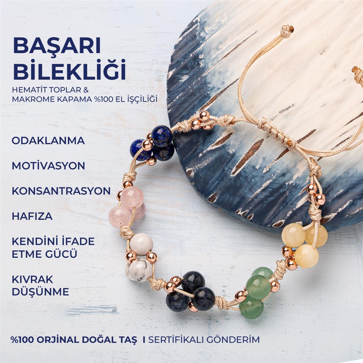 Sertifikalı Başarı Bilekliği Lapis Lazuli, Sodalit, Yeşim, Aventurin Doğal Taşlı %100 El İşçiliği
