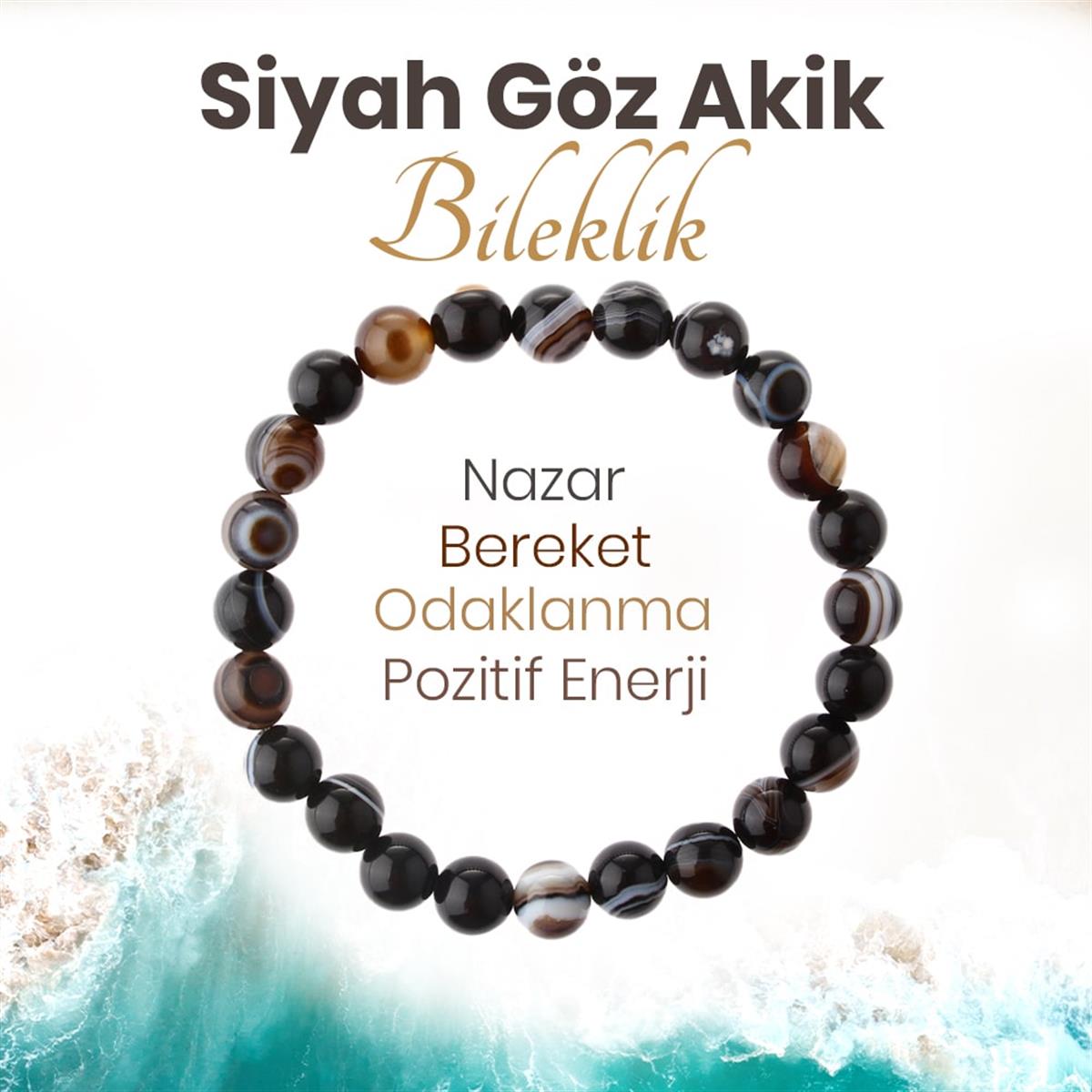 SERTİFİKALI Siyah Göz Akik  Orjinal ( Taşlar) Doğaltaş Bileklik 8 mm, B1006