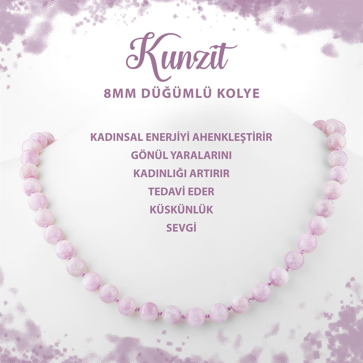 SERTİFİKALI Kunzit 8 mm Düğümlü Doğal Taş Kolye