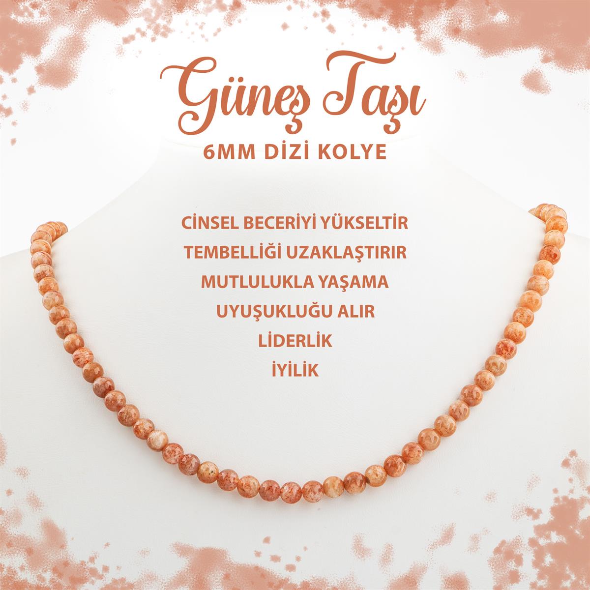 SERTİFİKALI Güneş Taşı 6 mm Dizi Doğal Taş Kolye