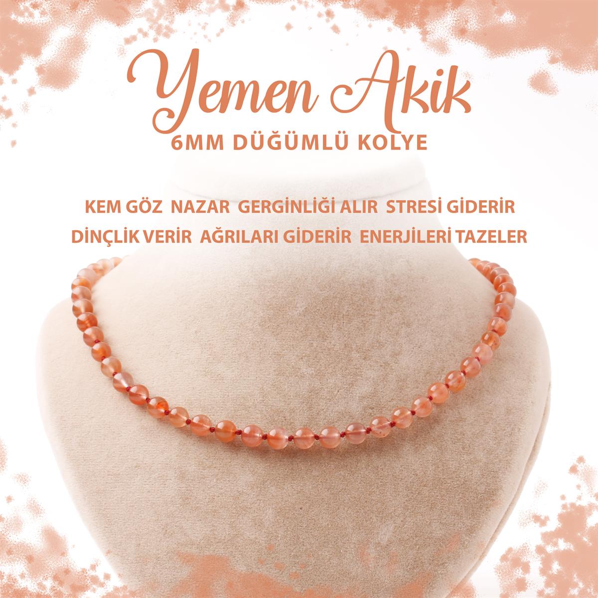 SERTİFİKALI Yemen Akiği 6 mm Düğümlü Doğal Taş Kolye