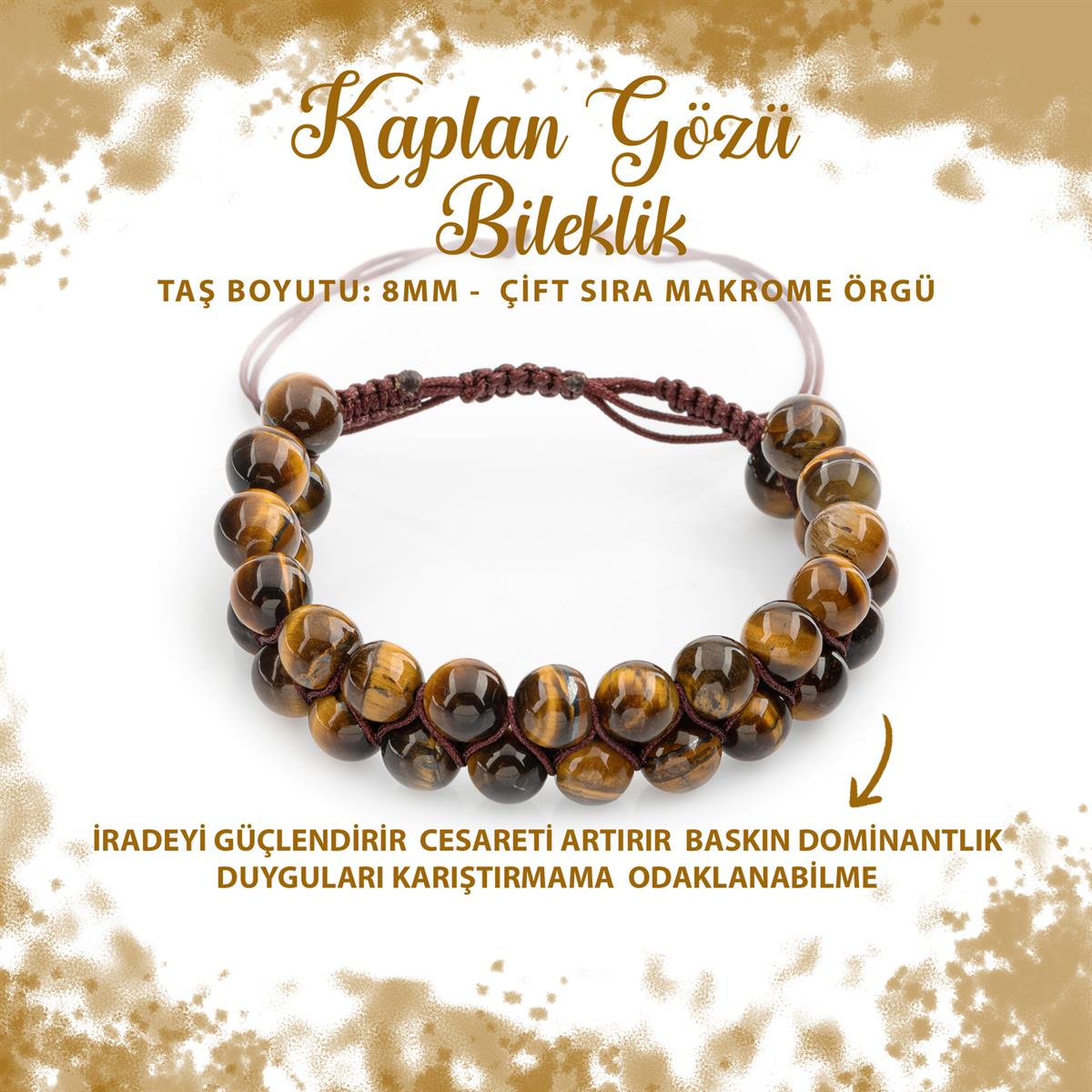 SERTİFİKALI Kaplan Gözü 8mm Çift Sıra Makrome Doğal Taş Bileklik