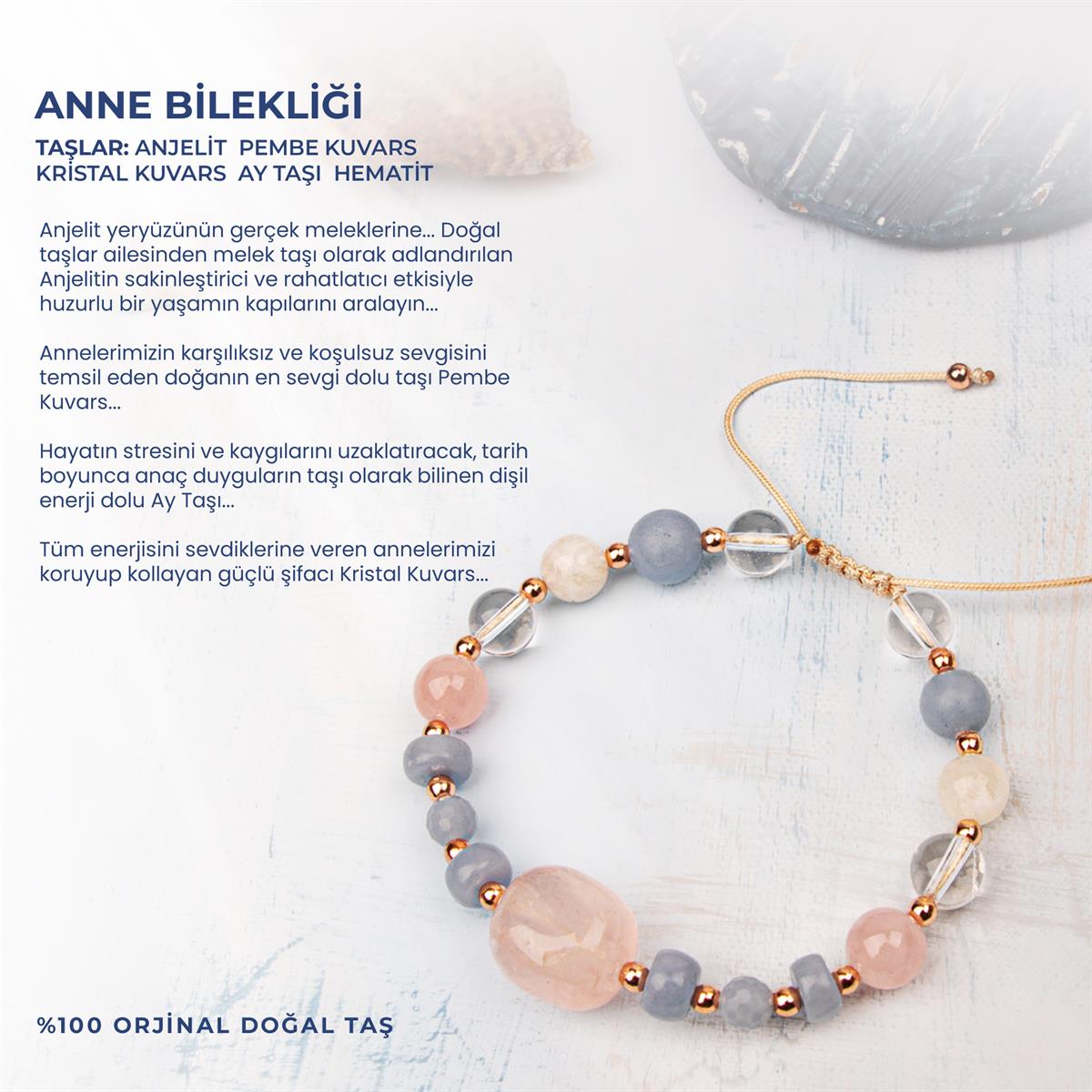 Doğal Taşlı Anne Bilekliği Anjelit, Pembe kuvars, Kristal Kuvars, Ay taşı, Anneler Günü Hediyesi