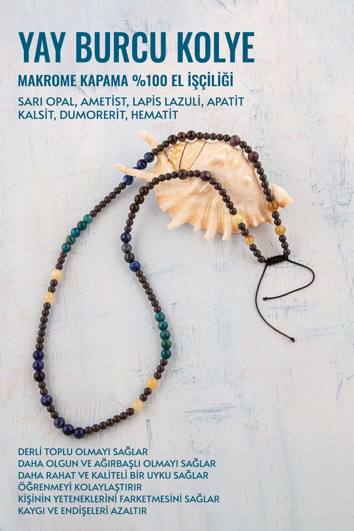 Sertifikalı Yay Burcu Doğal Taş Kolye (Sarı Opal-Ametist-Lazuli-Apatit-Kalsit-Dumorerit-Hematit)