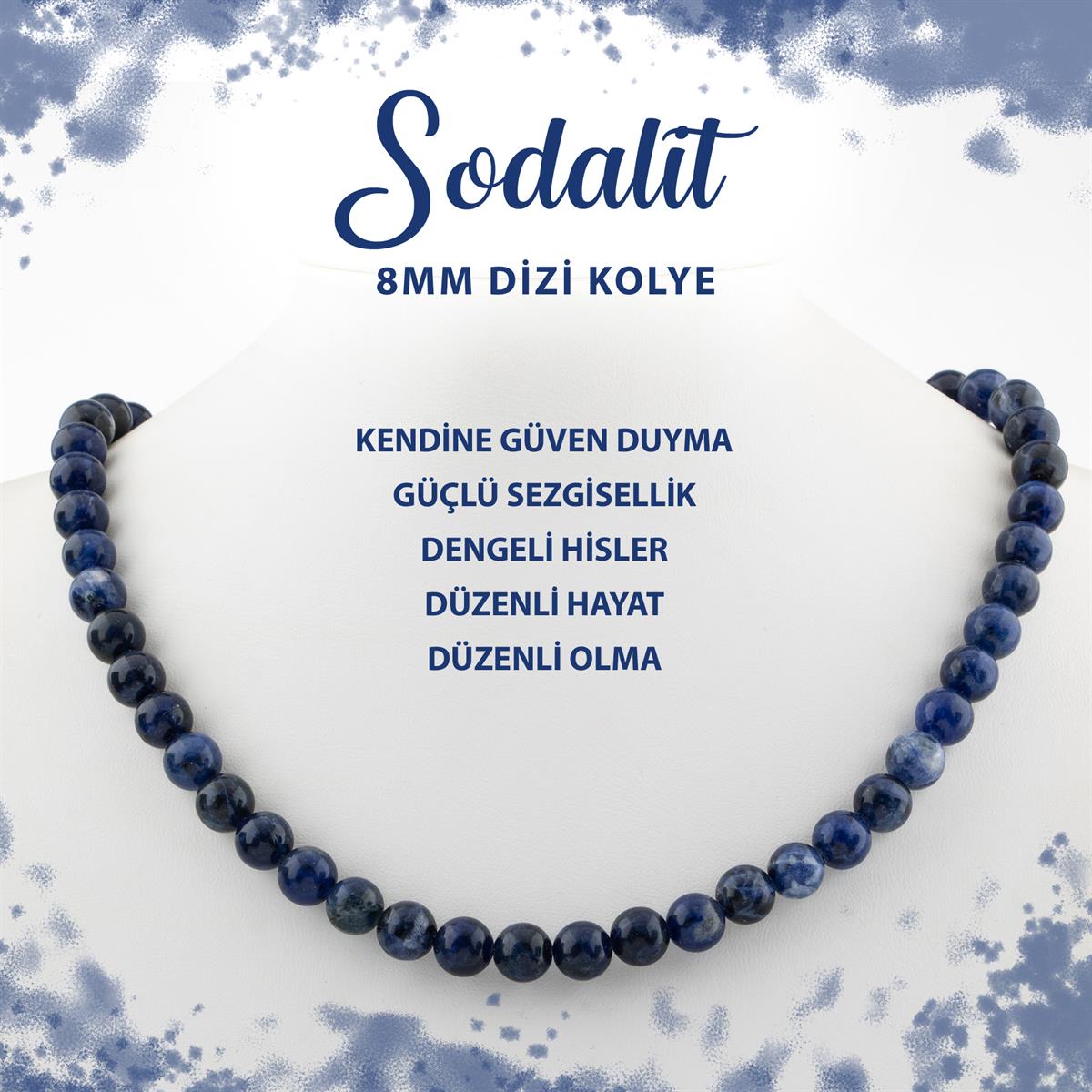 SERTİFİKALI Sodalit 8 mm Dizi Doğal Taş Kolye