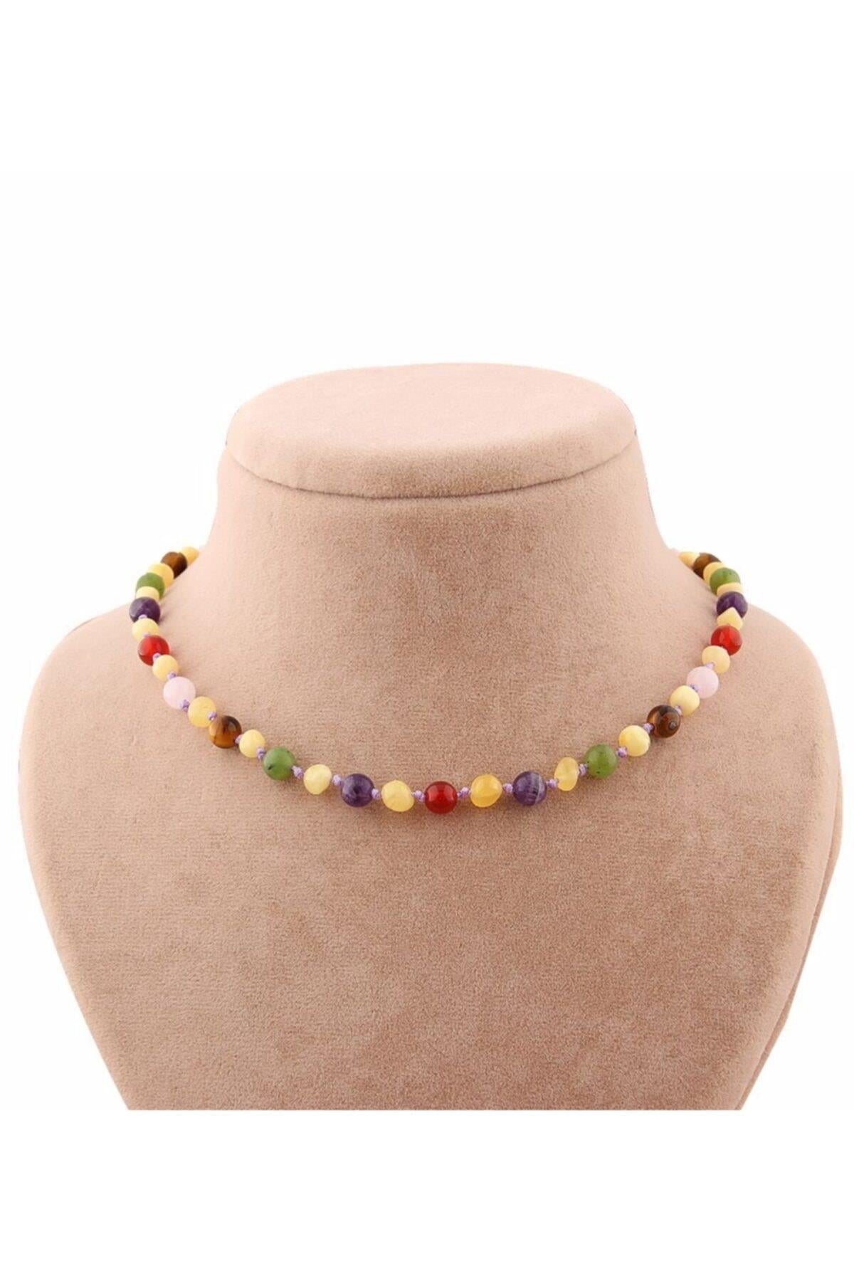 SERTİKALI  Orjinal ( Taşlar) Doğaltaş Bebek Kolye - Kehribar,yeşim,kaplan Gözü,ametist,pembe Kuvars