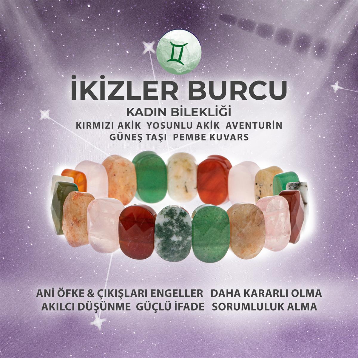SERTİFİKALI İkizler Burcu Doğal Taş Geniş Kesim Kadın Bileklik