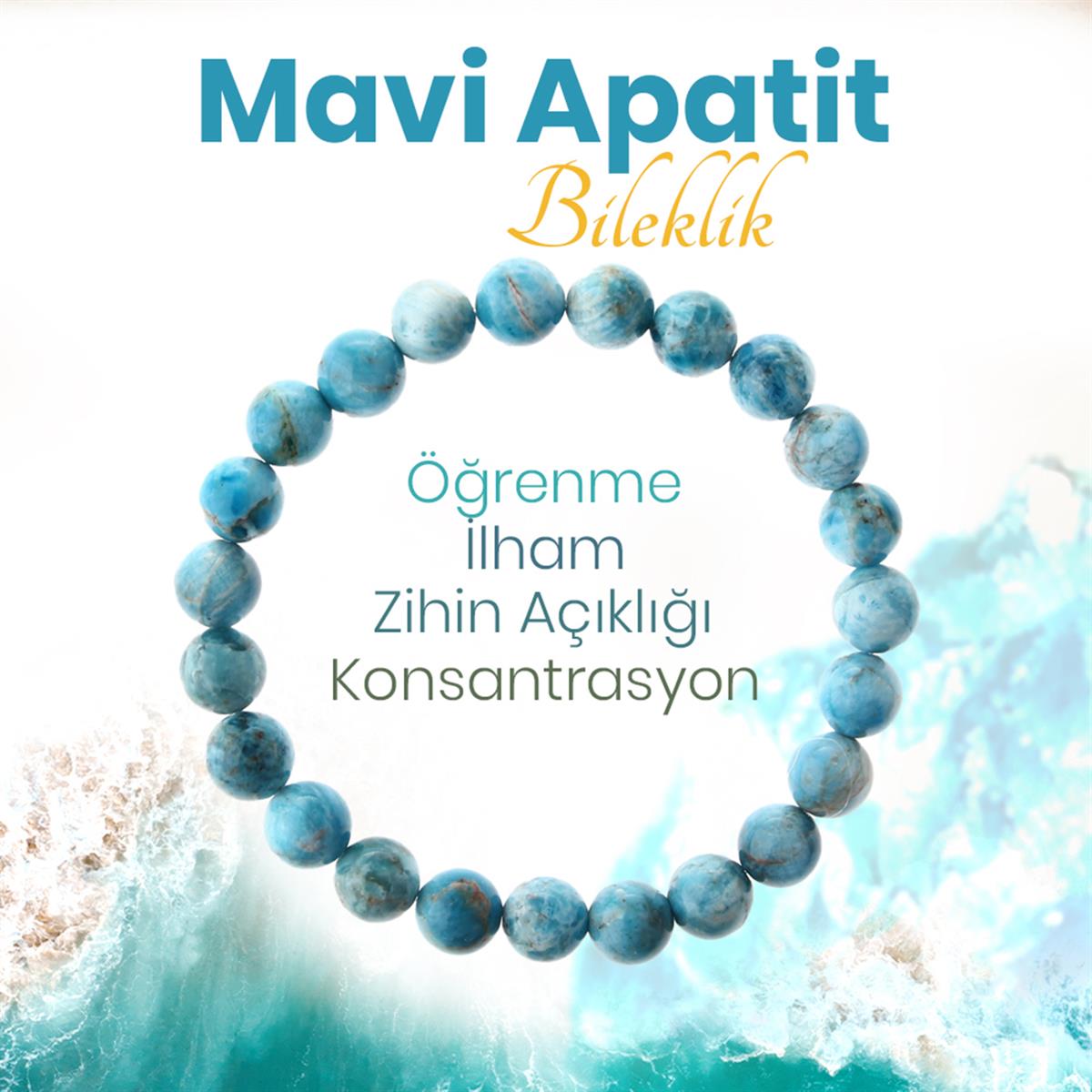 SERTİFİKALI Mavi Apatit  Orjinal ( Taşlar) Doğaltaş Bileklik 8 mm, B991