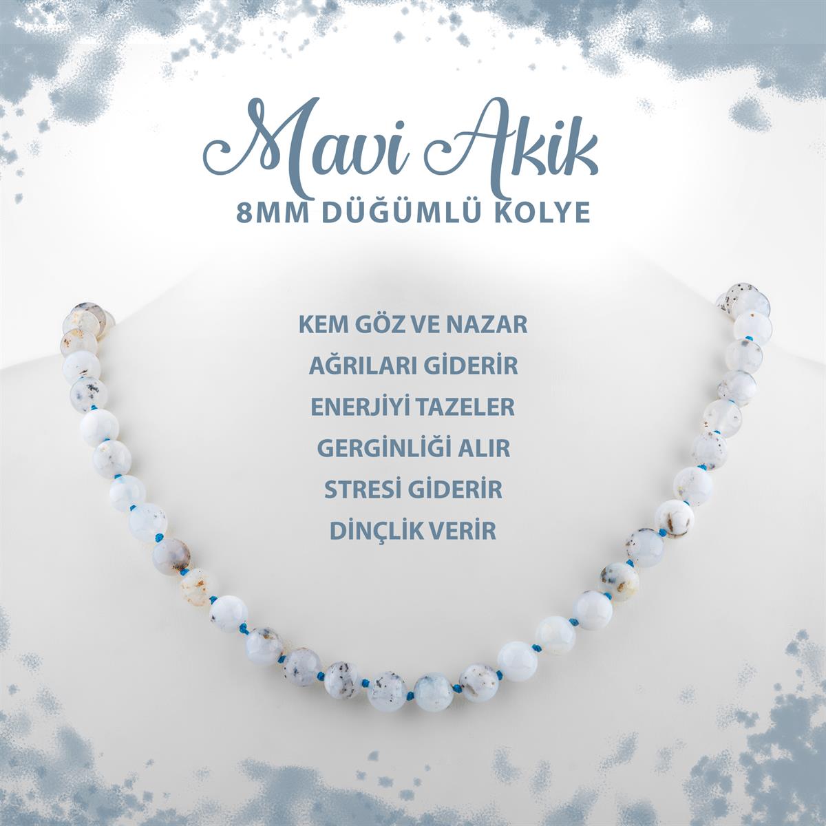 SERTİFİKALI Mavi Akik 8 mm Düğümlü Doğal Taş Kolye