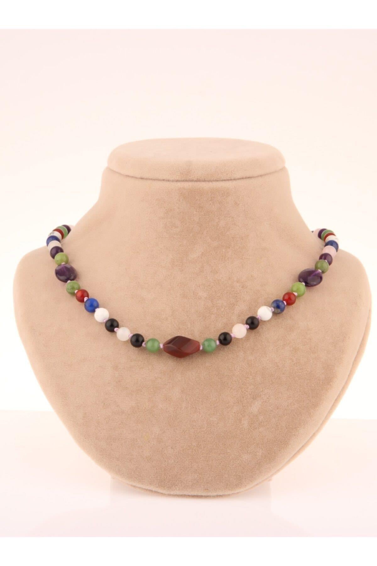 SERTİFİKALI Aventurin-Pembe Kuvars-Obsidyen-Lapis-Havlit-Yeşim-Ametist Kız Öğrenci Kolye