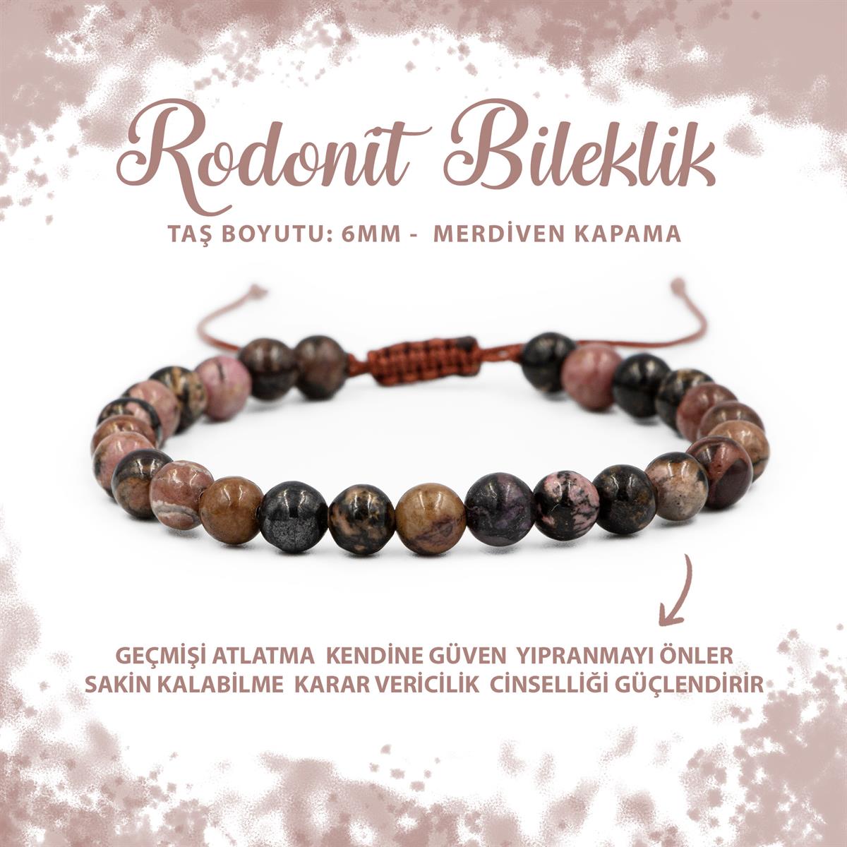 SERTİFİKALI Rodonit 6mm Merdiven Kapama Doğal Taş Bileklik