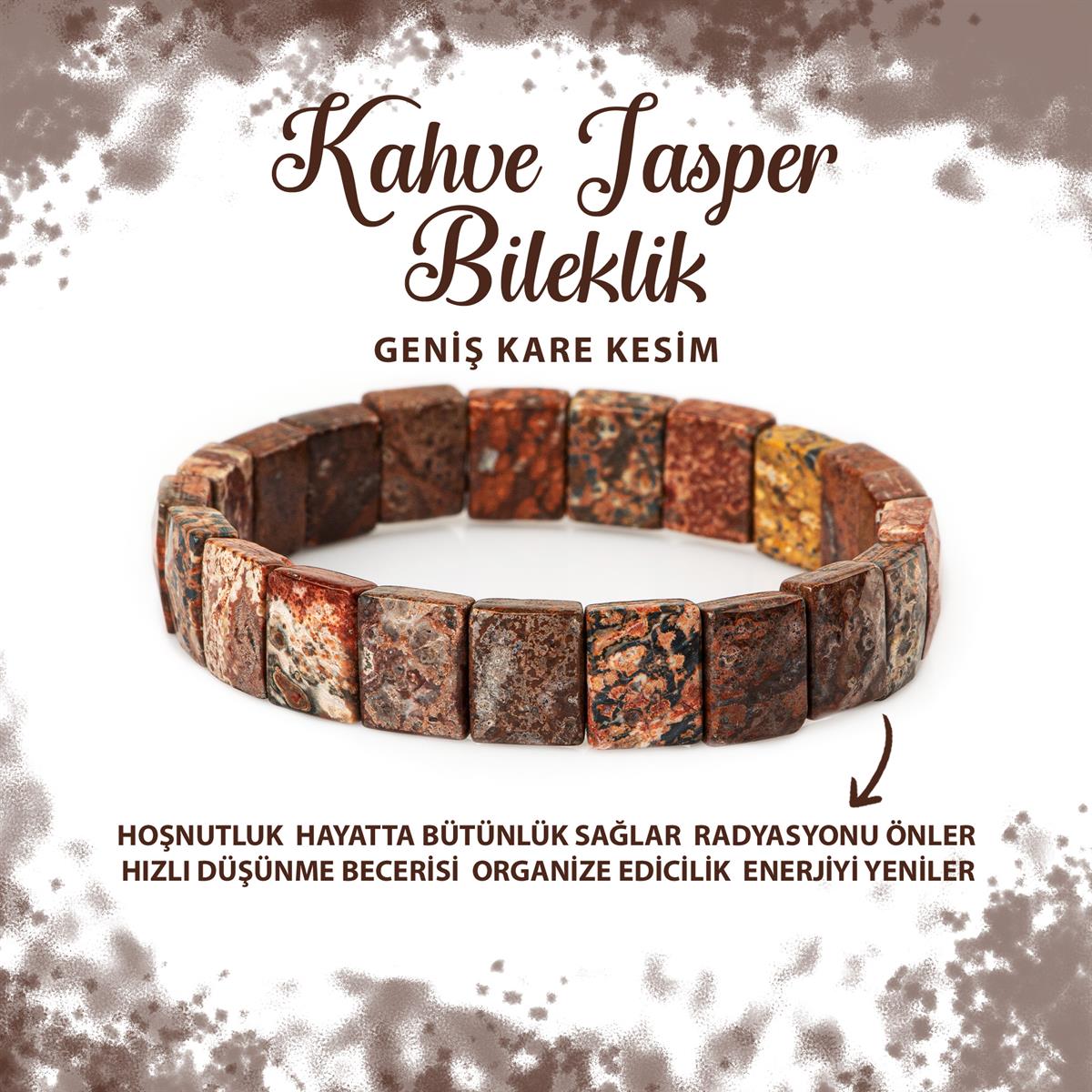 SERTİFİKALI Kahve Jasper Doğal Taş Kare Kesim Geniş Kesim Bileklik