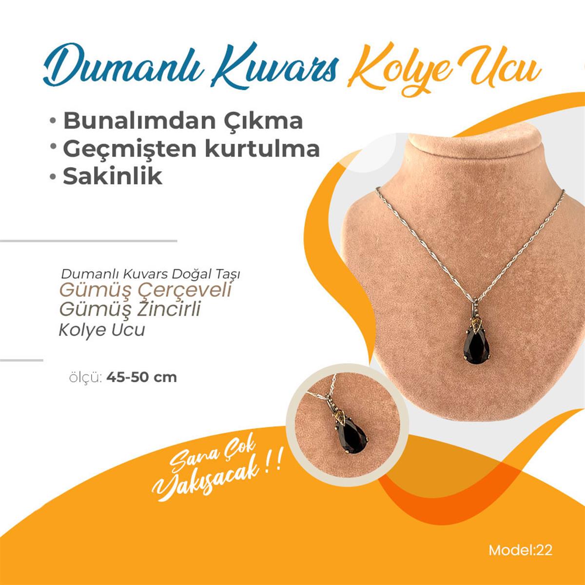 SERTİFİKALI Dumanlı Kuvars Doğaltaş Kolye, Gümüş zincirle birlikte 3,5x1,5 cm, M481