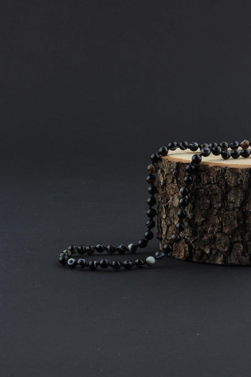 SERTİFİKALI Siyah Göz Akik  Orjinal ( Taşlar) Doğaltaş Düğümlü Kolye 6 mm, M012