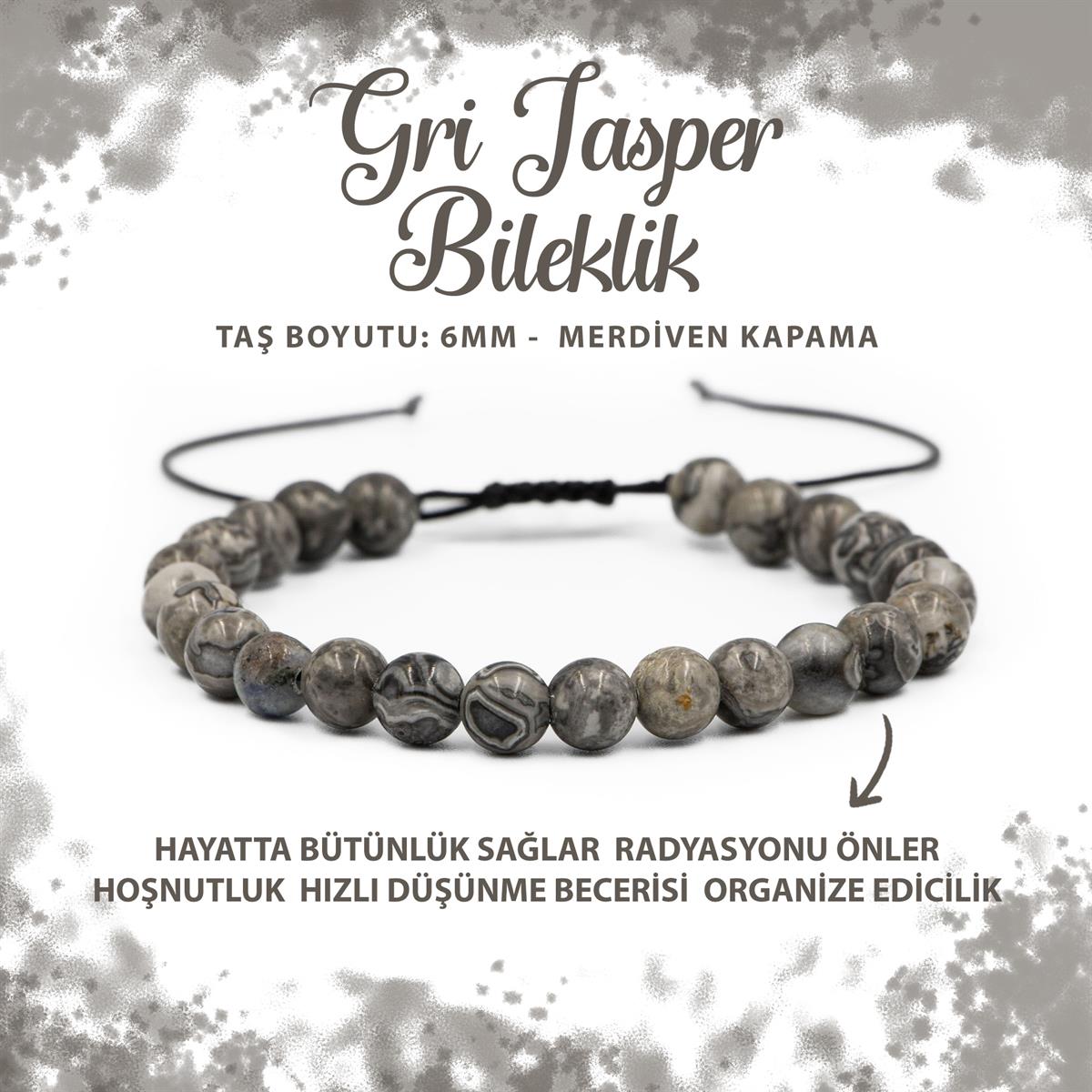 SERTİFİKALI Gri Jasper 6mm Merdiven Kapama Doğal Taş Bileklik