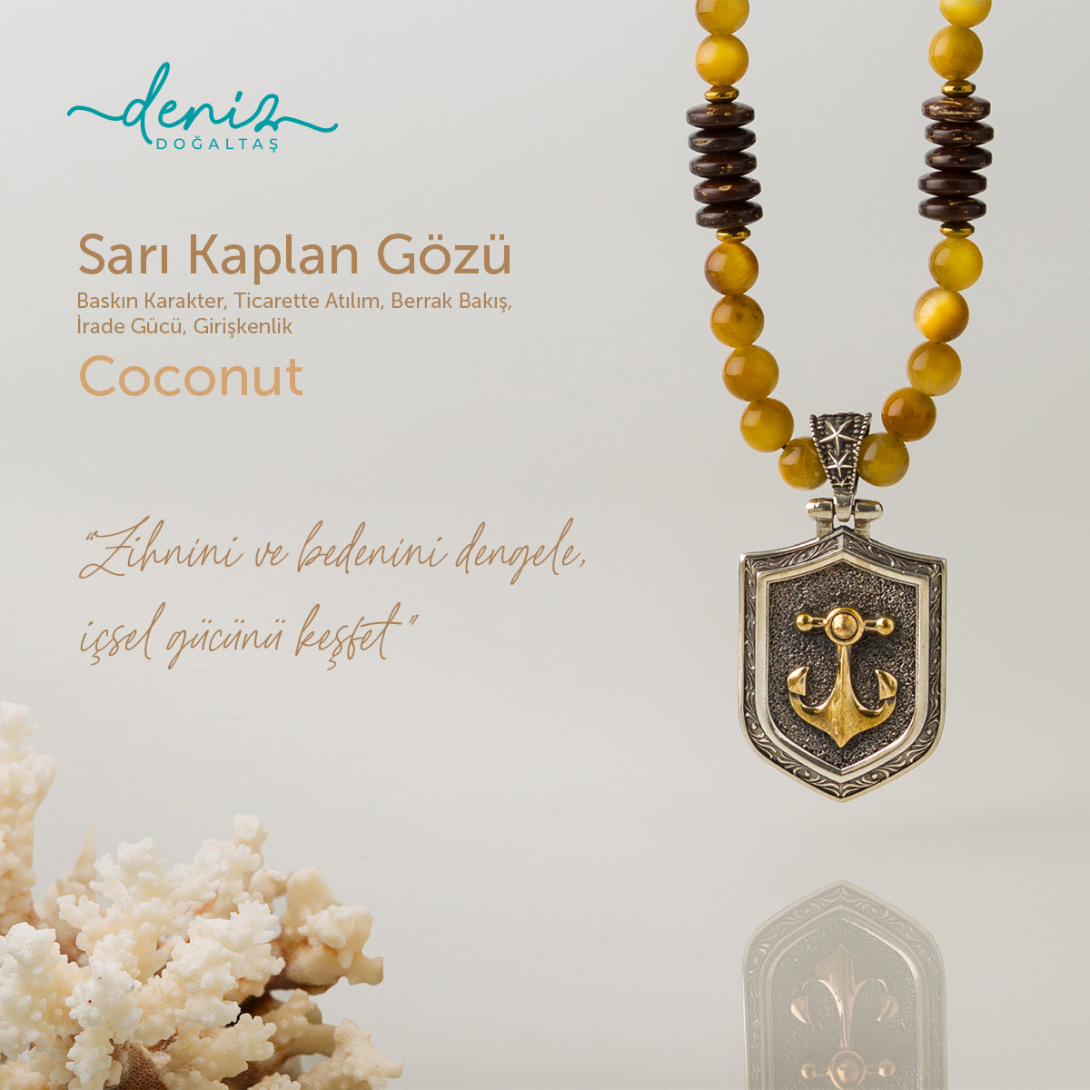 Lenger Kolye Sarı Kaplan Gözü - Coconut Gümüş Tasarım Makrome Kolye