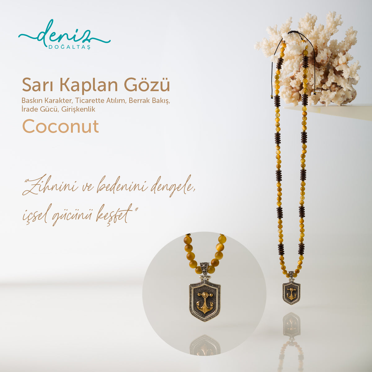 Lenger Kolye Sarı Kaplan Gözü - Coconut Gümüş Tasarım Makrome Kolye