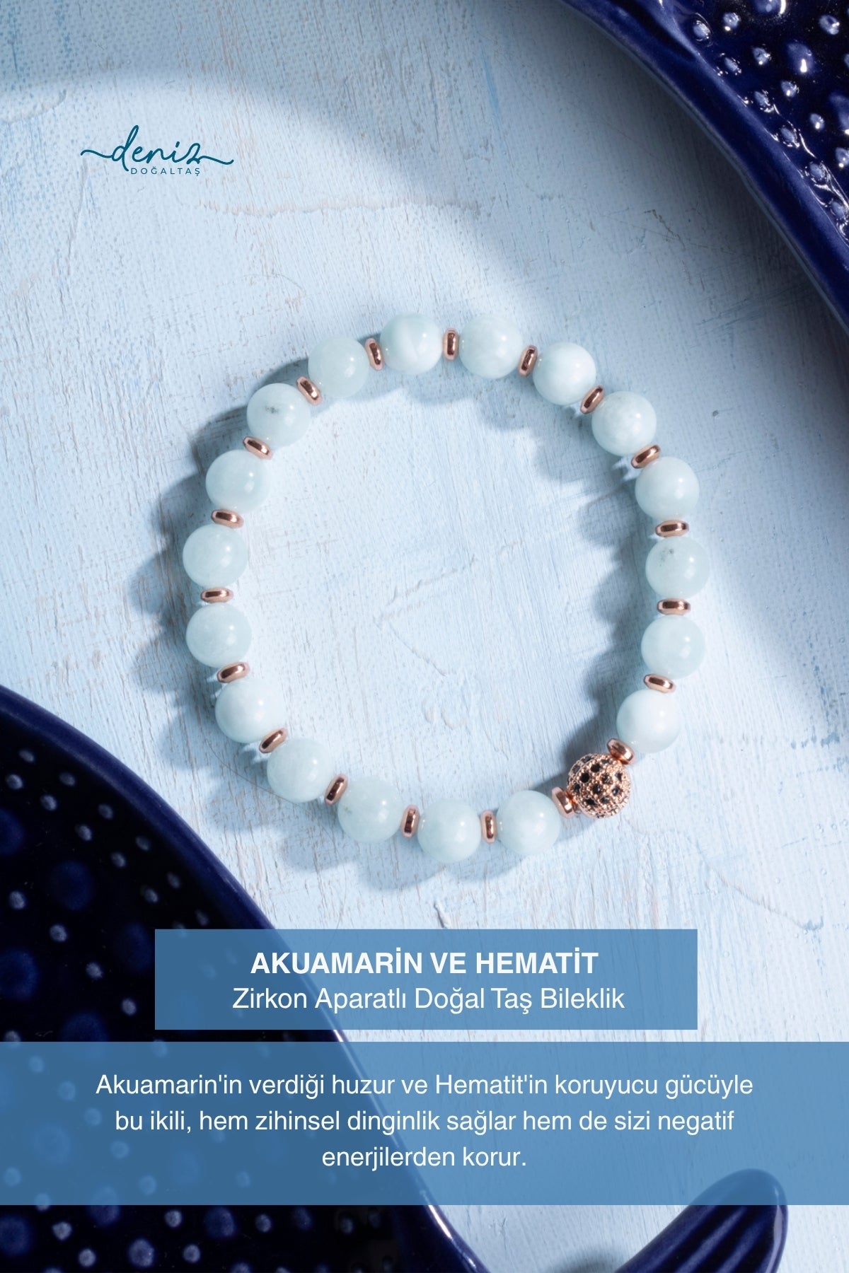 Sertifikalı Akuamarin ve Hematit Zirkon Aparatlı Doğal Taş Bileklik
