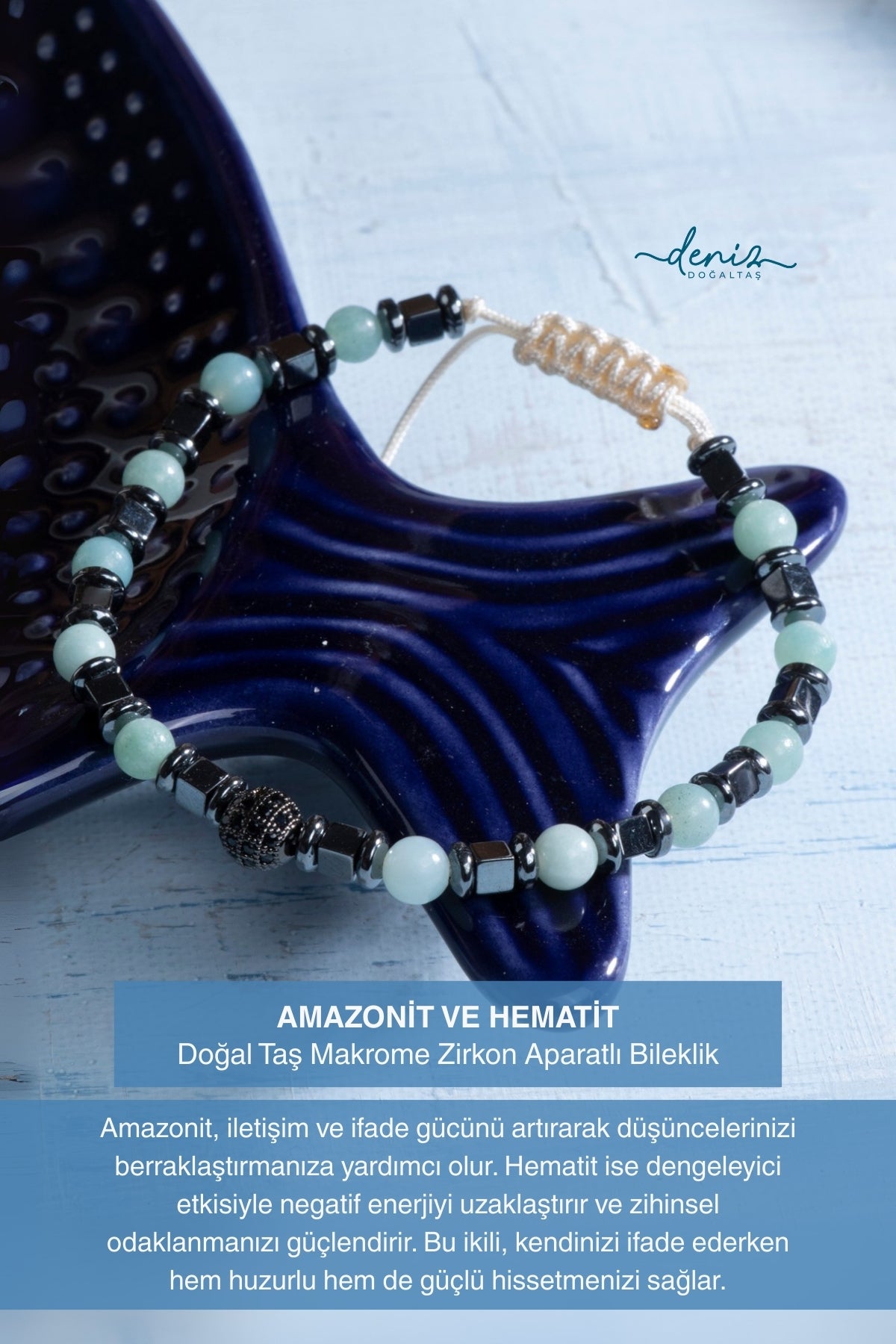 Sertifikalı Amazonit ve Hematit Doğal Taş Makrome Bileklik