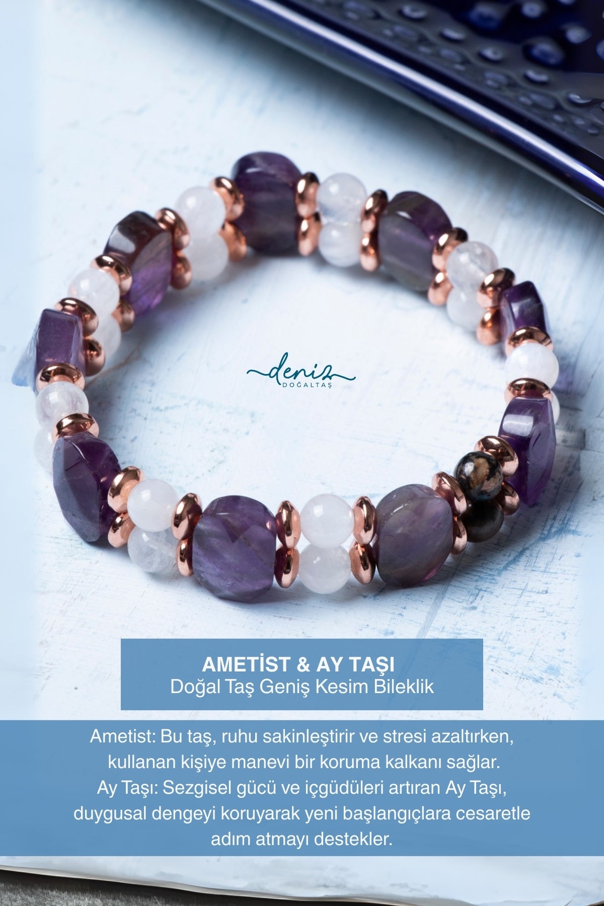 Sertifikalı Ametist Ay Taşı Doğal Taş Bileklik