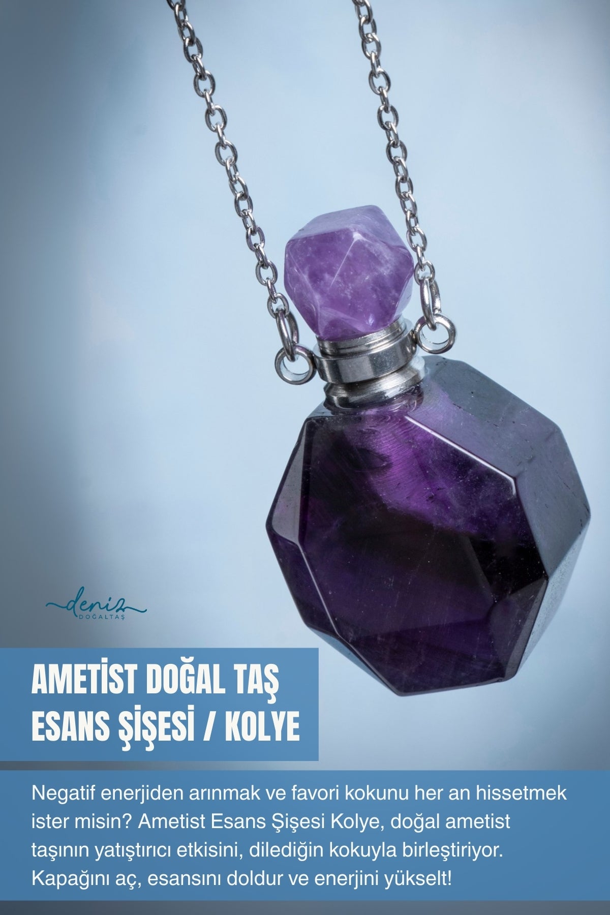 Sertifikalı Ametist Doğal Taş Esans Şişesi / Kolye