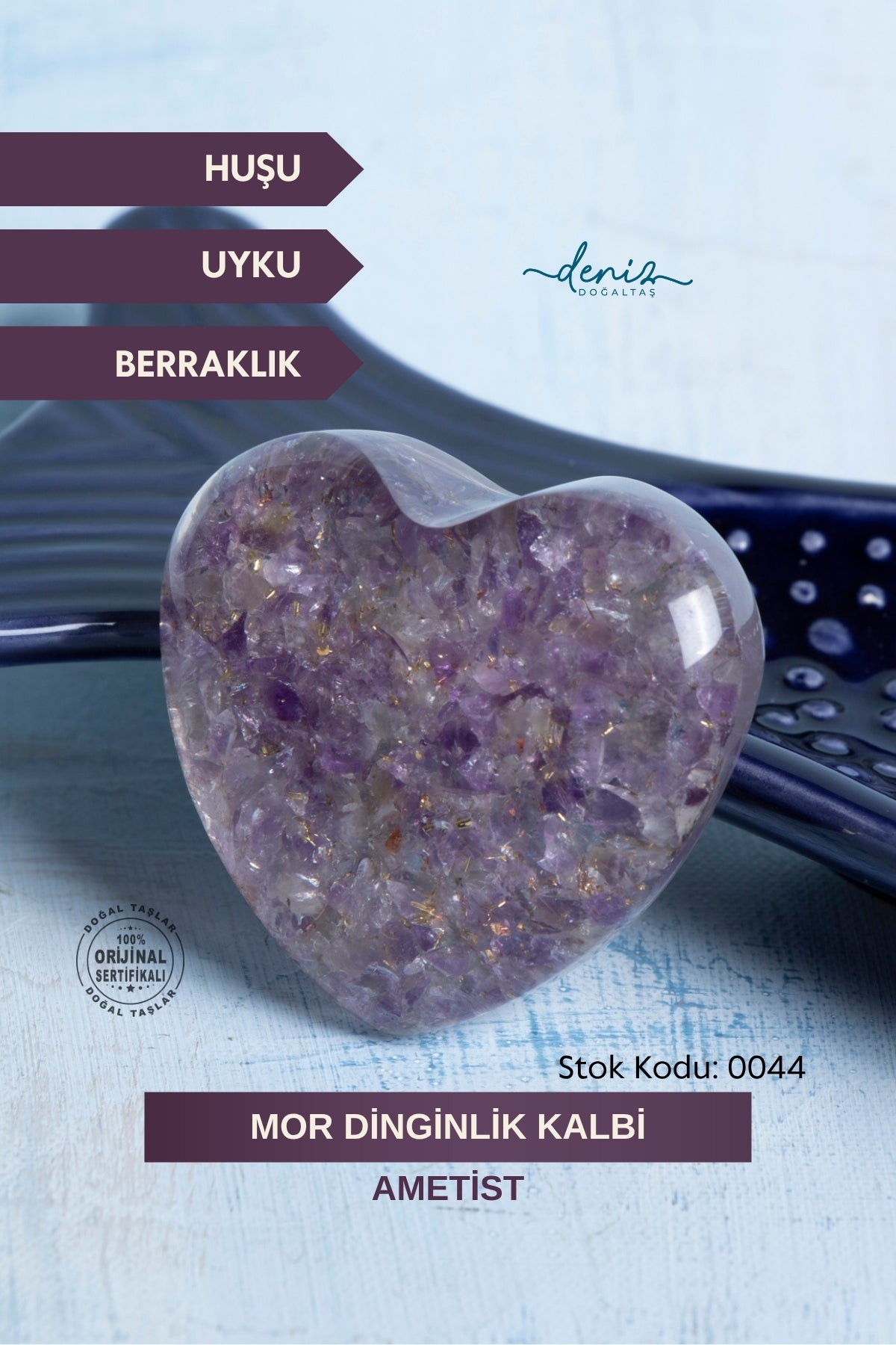 Sertifikalı Ametist Doğal Taş Mor Dinginlik Kalbi S.K: 0044