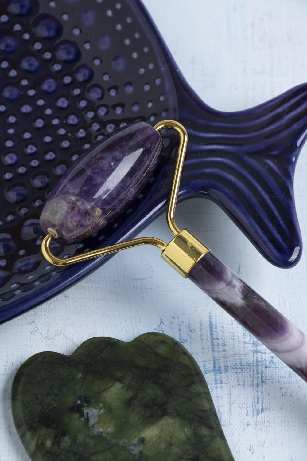 Sertifikalı Ametist Roller ve Yeşim Kaz Ayağı Gua Sha Takımı