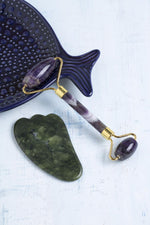 Sertifikalı Ametist Roller ve Yeşim Kaz Ayağı Gua Sha Takımı