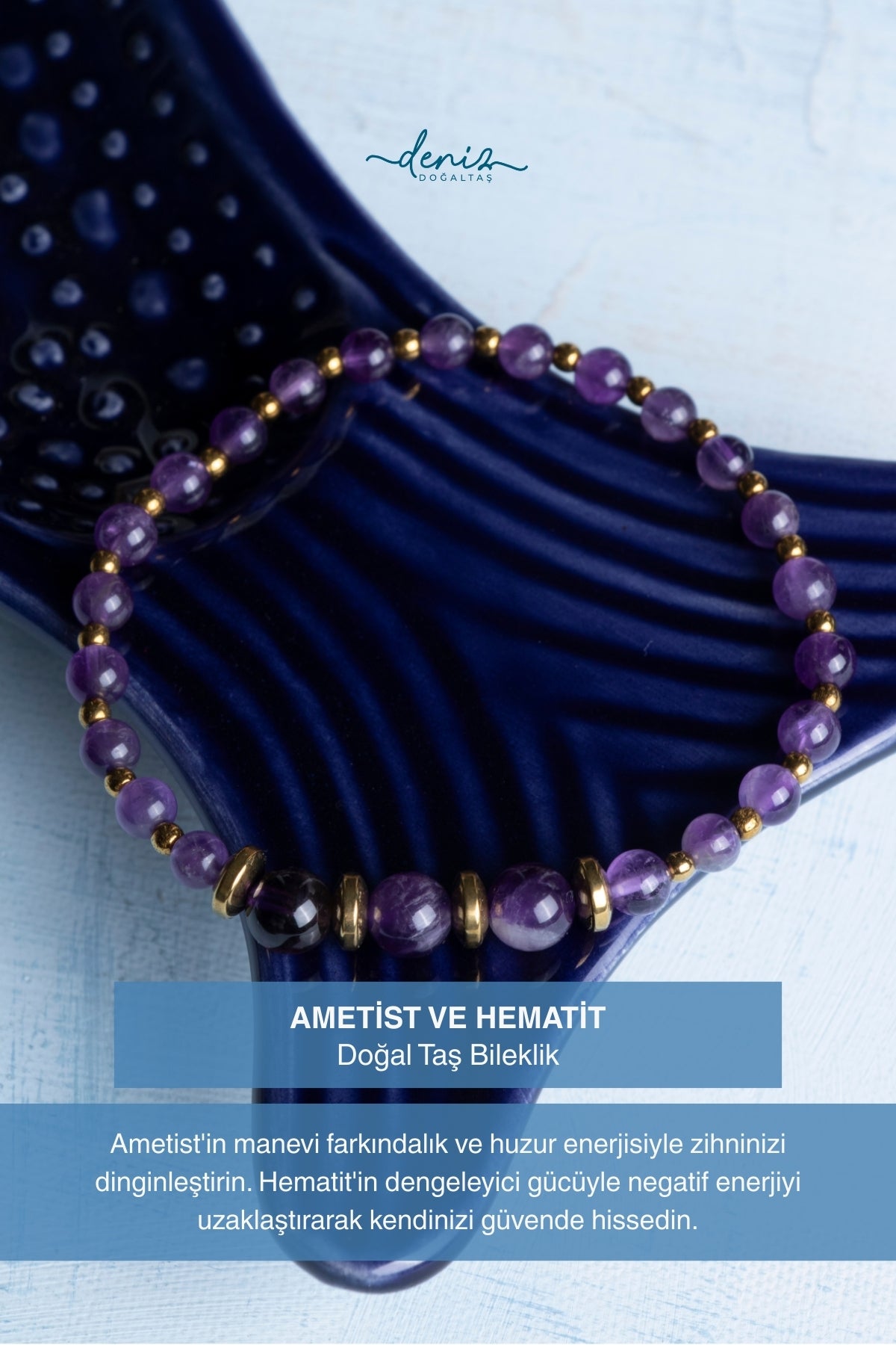 Sertifikalı Ametist ve Hematit Doğal Taş Bileklik (4-6mm Taşlar)