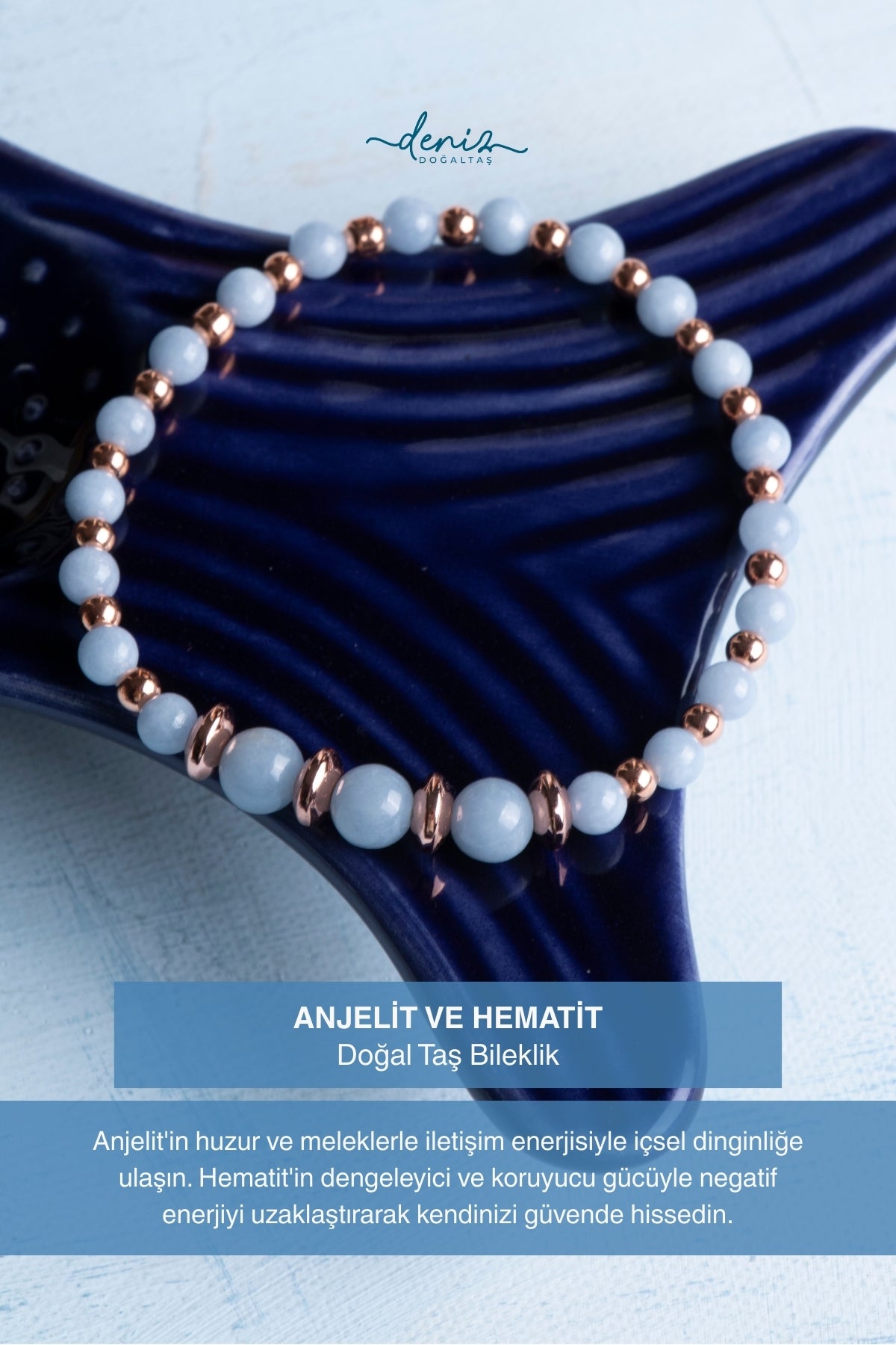 Sertifikalı Anjelit ve Hematit Doğal Taş Bileklik (4-6mm Taşlar)