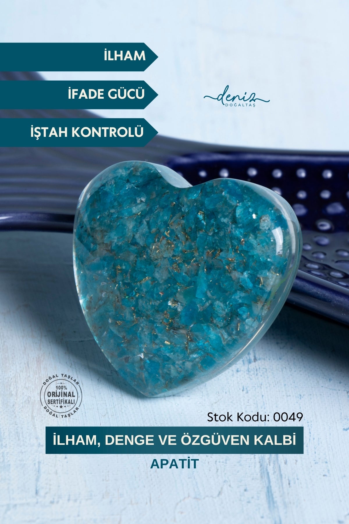 Sertifikalı Apatit Doğal Taş İlham, Denge ve Özgüven Kalbi S.K: 0049