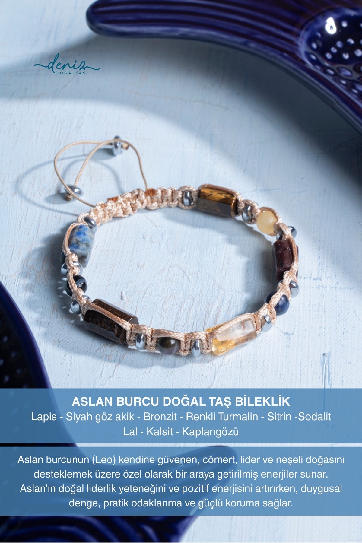 Sertifikalı Aslan Burcu Doğal Taş Makrome Bileklik