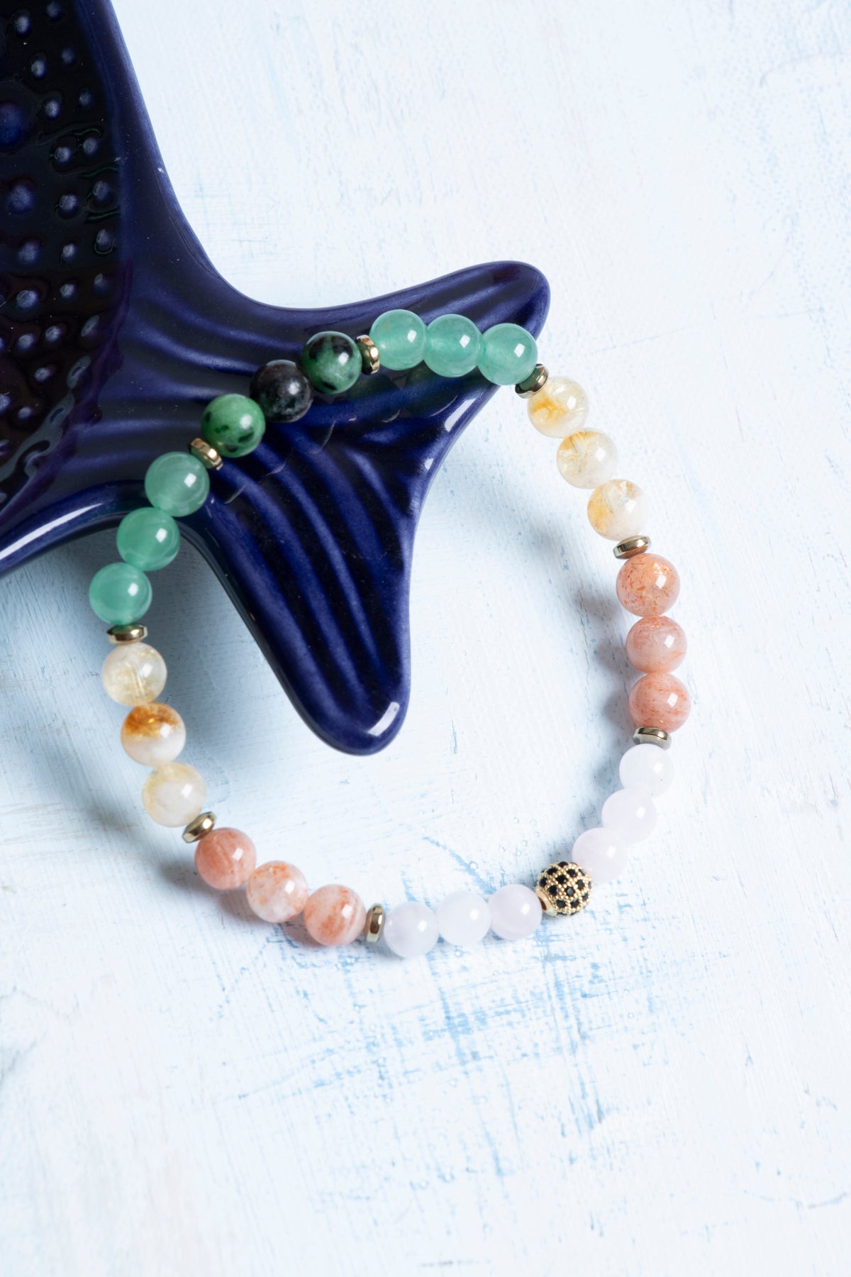 Sertifikalı Aventurin, Sitrin, Pembe Kuvars, Güneş Taşı ve Anyolit İkizler Burcu Bileklik