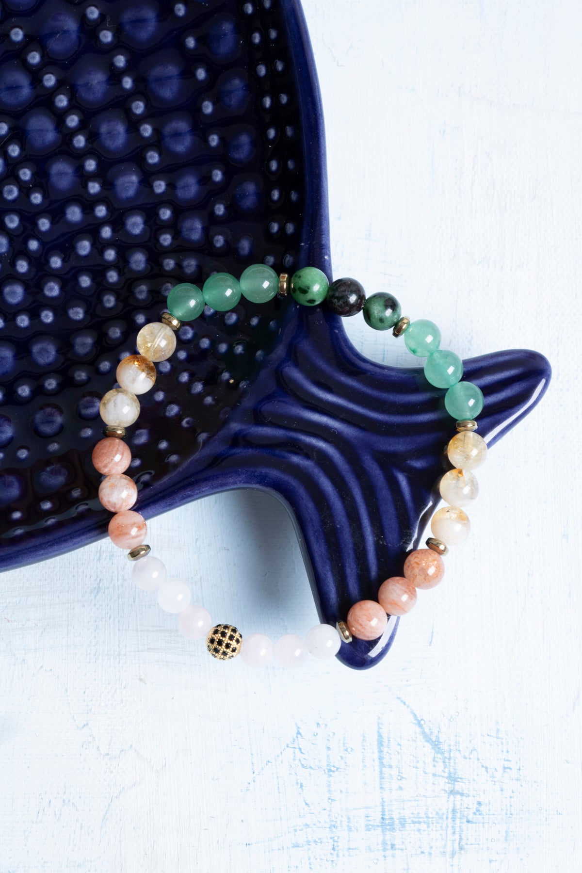 Sertifikalı Aventurin, Sitrin, Pembe Kuvars, Güneş Taşı ve Anyolit İkizler Burcu Bileklik