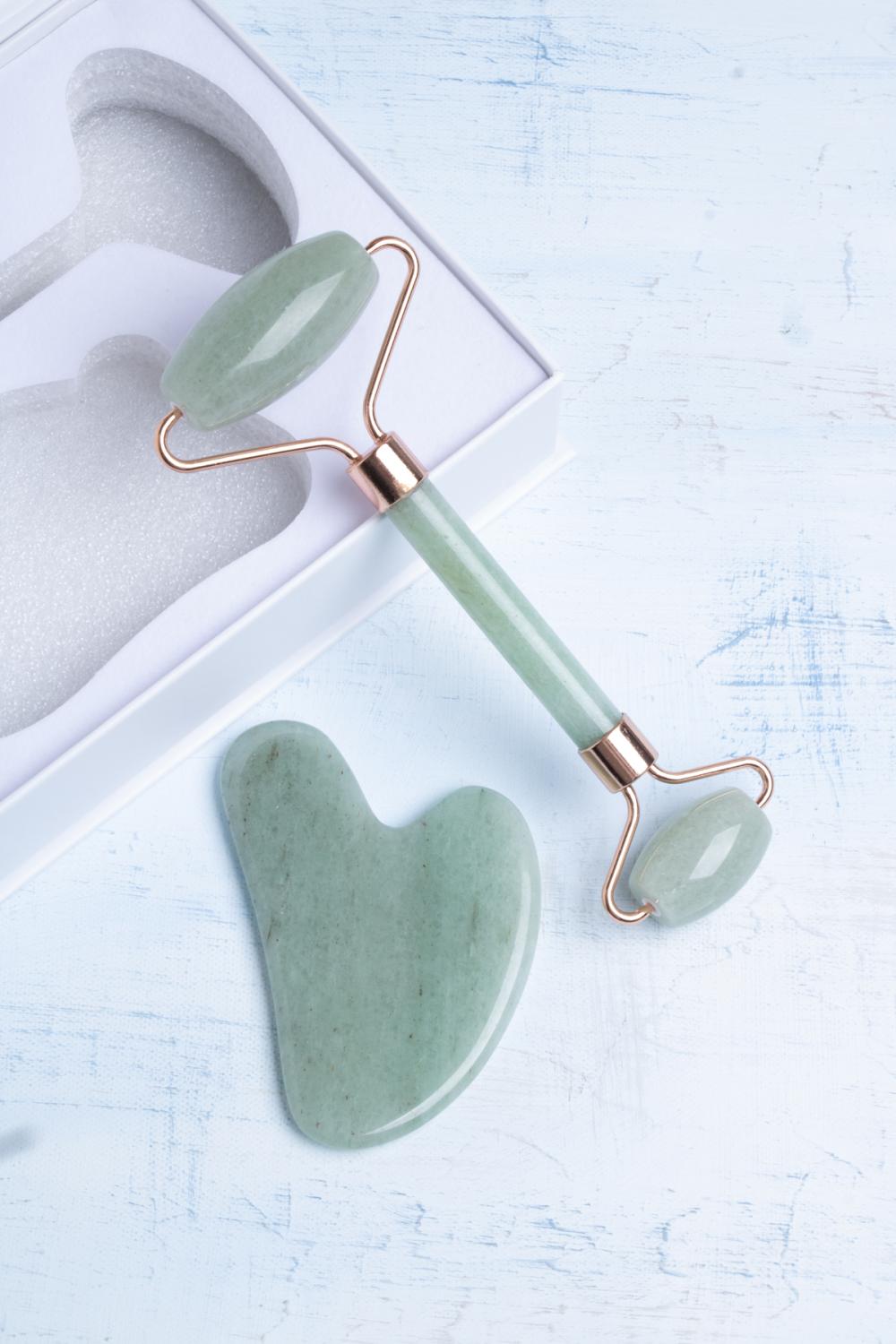 Sertifikalı Aventurin Taşı Masaj Takımı - Roller ve Gua Sha Kalpli Set