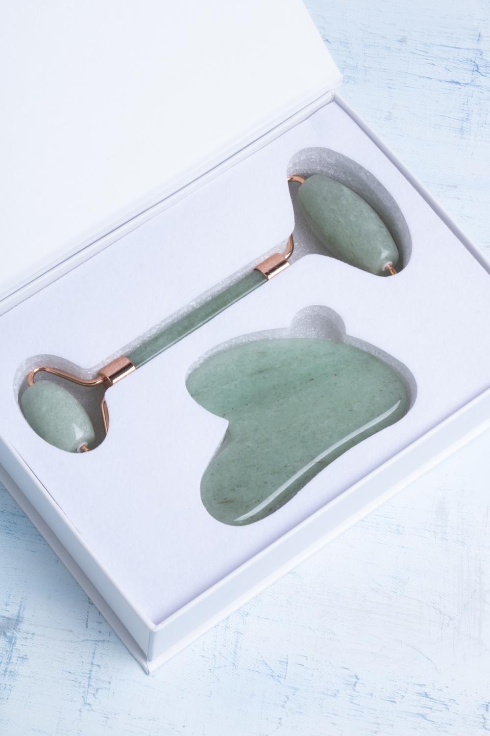Sertifikalı Aventurin Taşı Masaj Takımı - Roller ve Gua Sha Kalpli Set