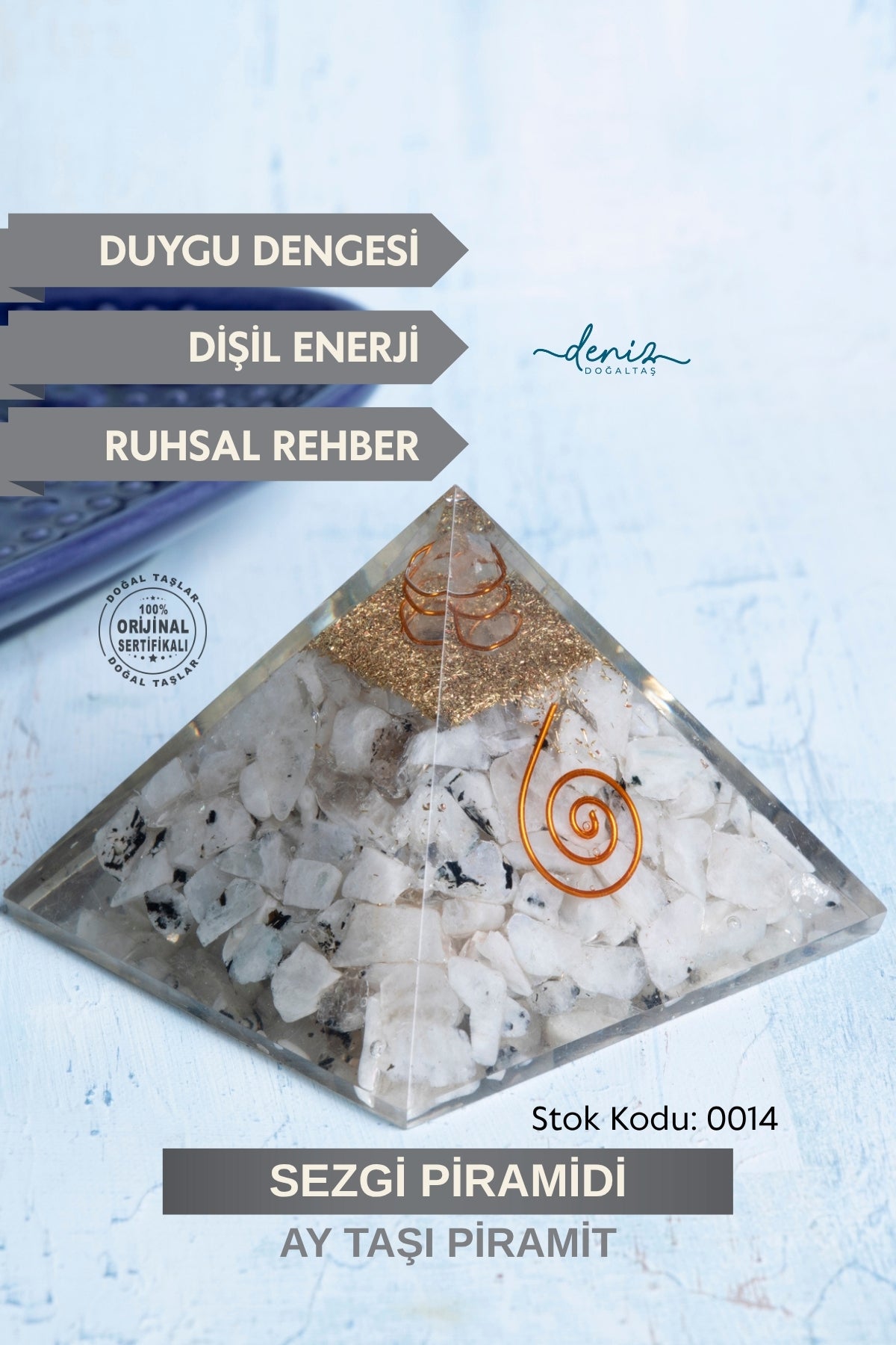 Sertifikalı Ay Taşı Doğal Taş Sezgi Piramidi S.K: 0014
