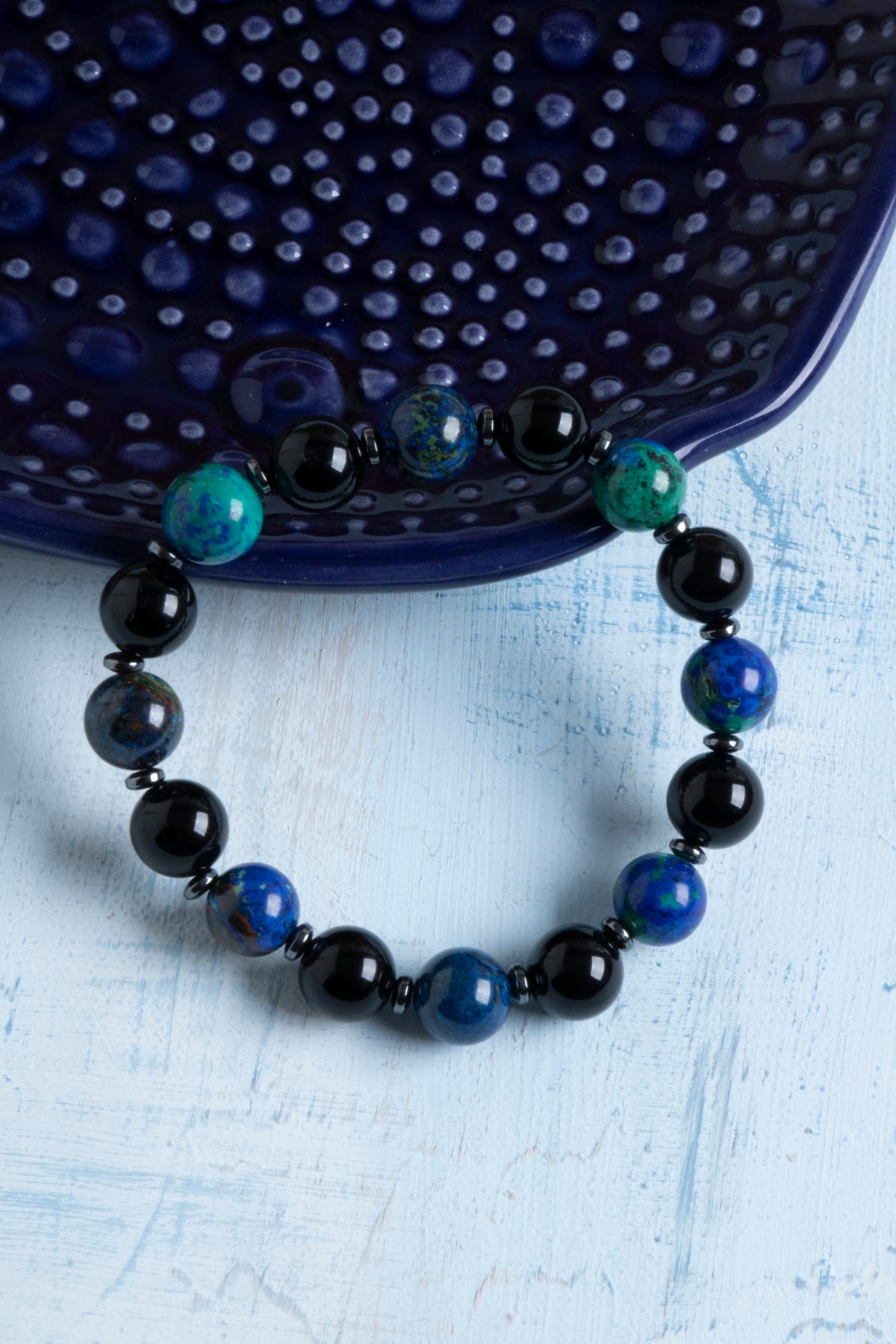 Sertifikalı Azurit-Malahit ve Siyah Turmalin Doğal Taş Bileklik