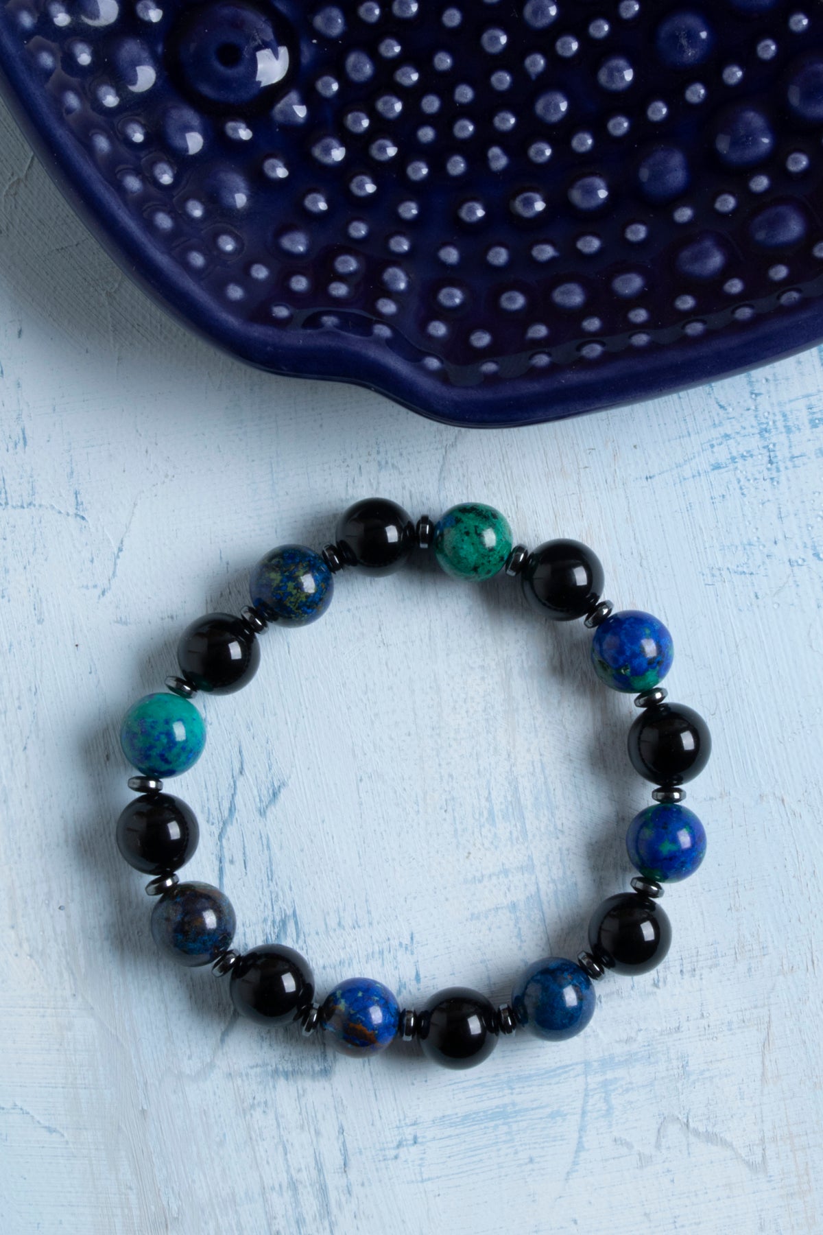 Sertifikalı Azurit-Malahit ve Siyah Turmalin Doğal Taş Bileklik