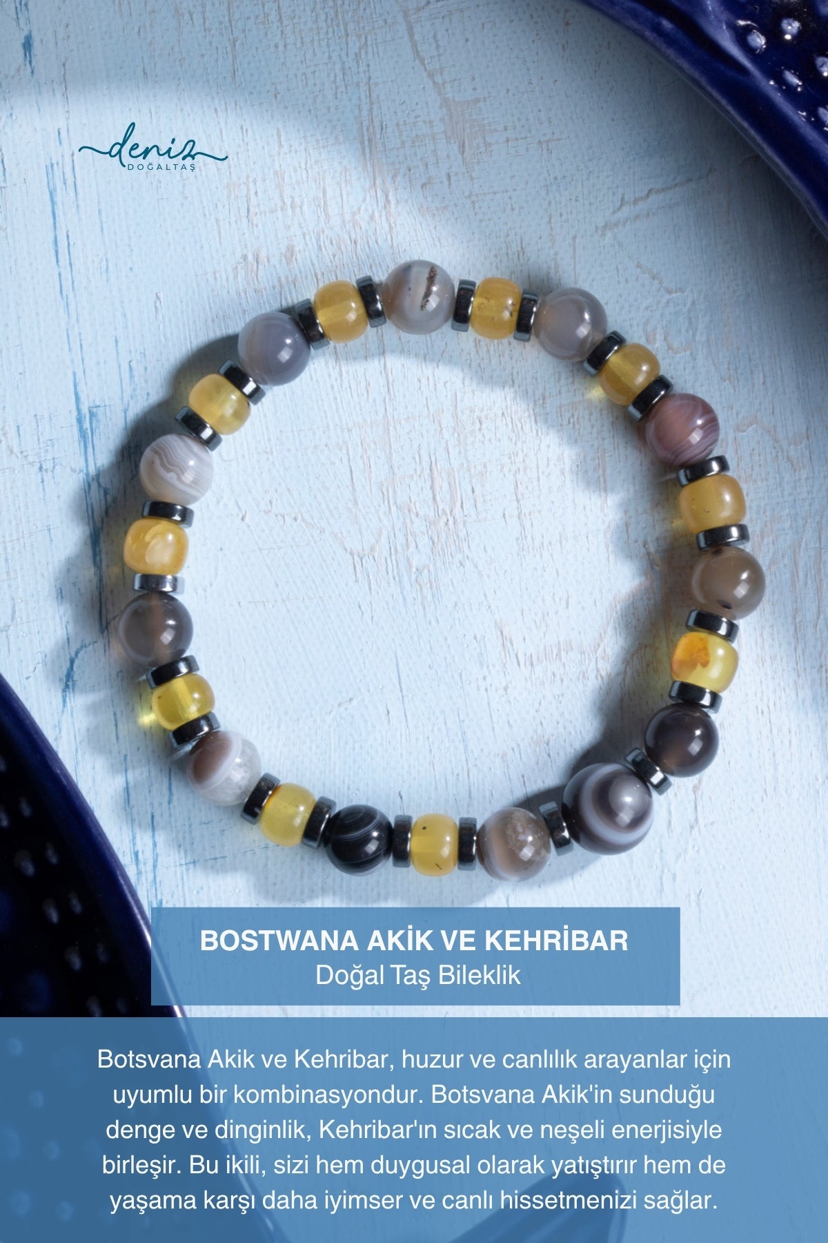 Sertifikalı Bostwana Akik ve Kehribar Doğal Taş Bileklik