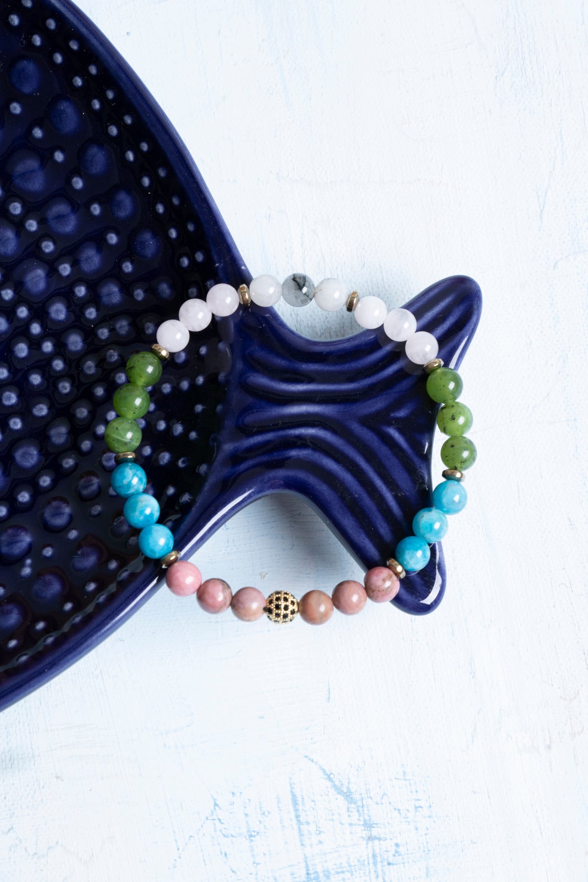 Sertifikalı Bronzit, Hematit, Apatit, Yeşim, Ay Taşı ve Rutilli Kuvars Boğa Burcu Bileklik