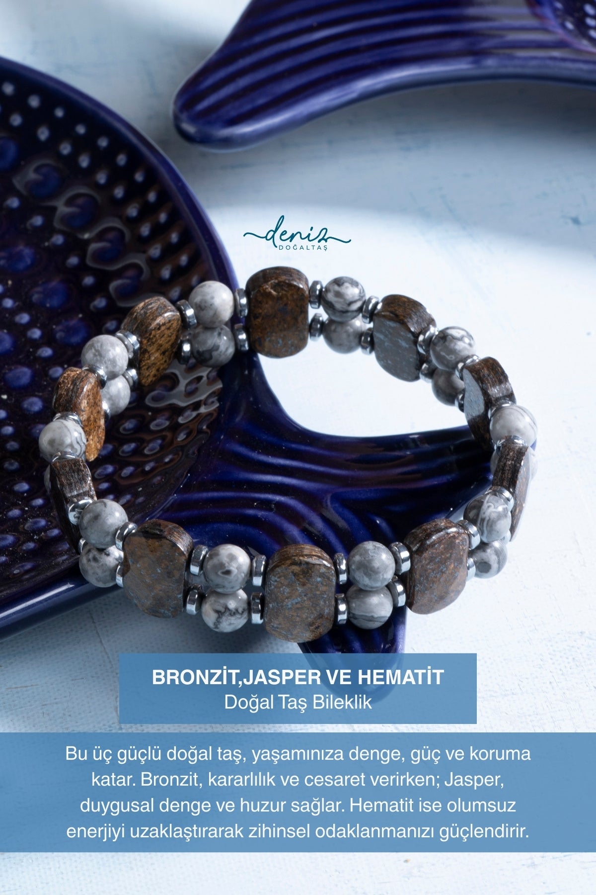 Sertifikalı Bronzit Jasper ve Hematit Doğal Taş Bileklik