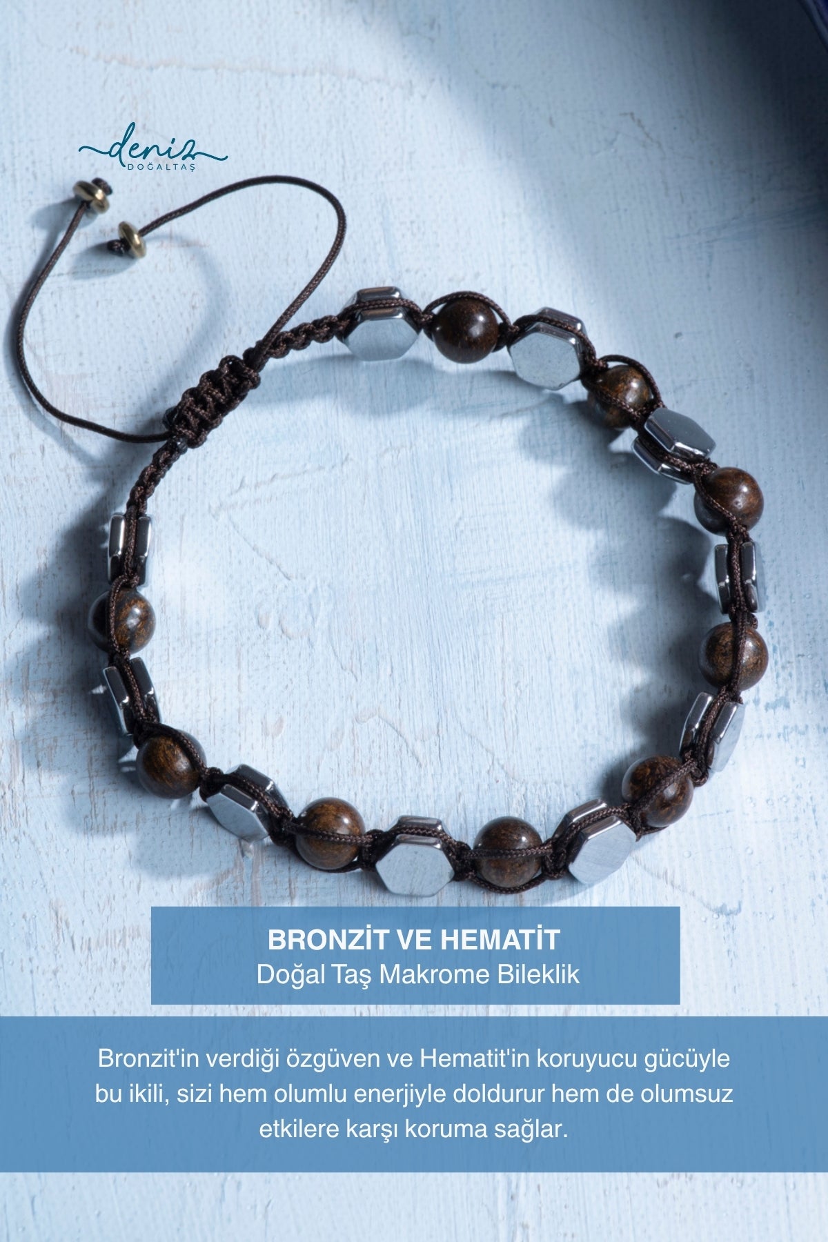 Sertifikalı Bronzit ve Hematit Doğal Taş Makrome Bileklik
