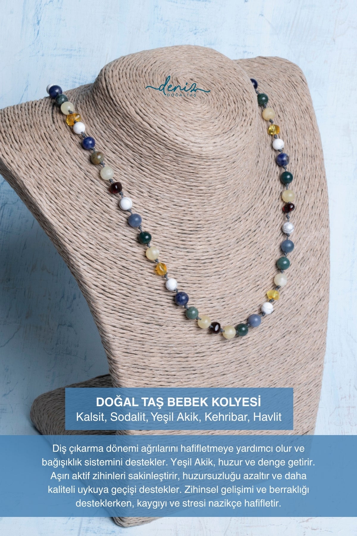 Sertifikalı Doğal Taş Bebek Kolyesi (Kalsit, Sodalit, Yeşil Akik, Kehribar, Havlit)