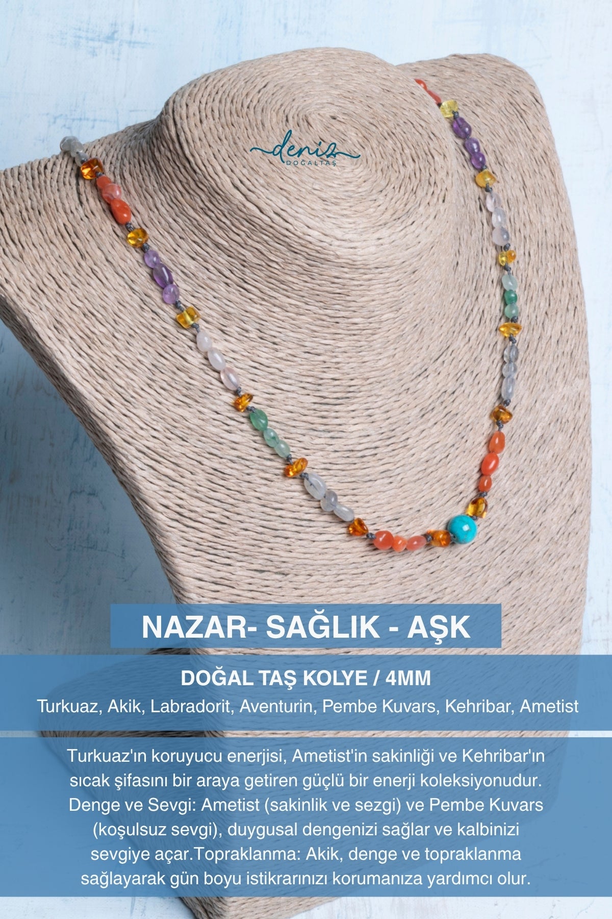 Sertifikalı Doğal Taş Kolye (4mm) NAZAR- SAĞLIK - AŞK