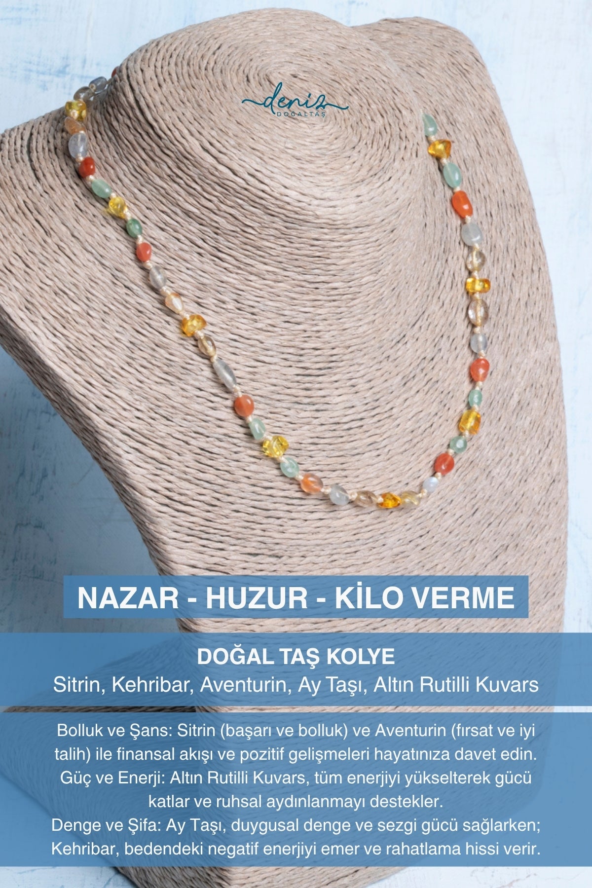 Sertifikalı Doğal Taş Kolye NAZAR - HUZUR - KİLO VERME