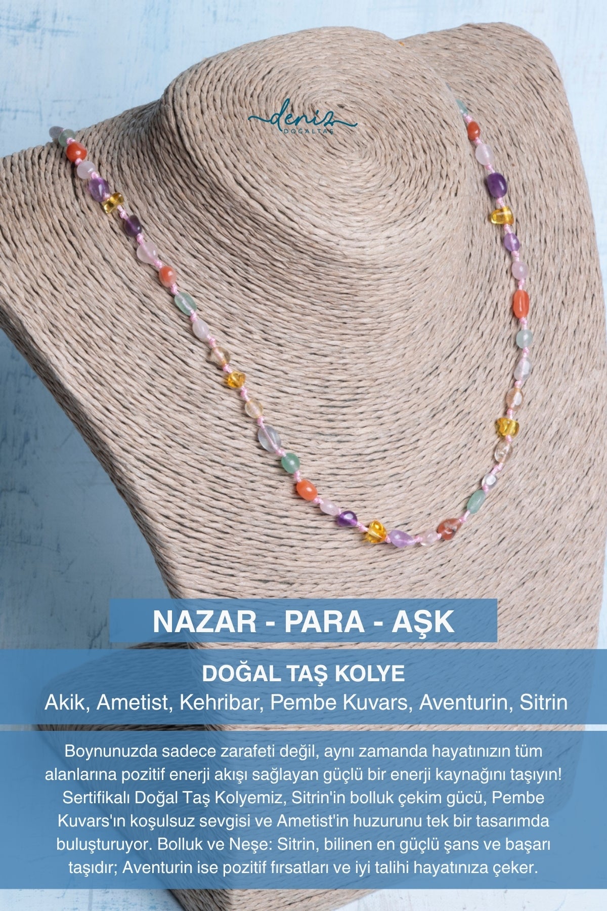 Sertifikalı Doğal Taş Kolye NAZAR - PARA - AŞK